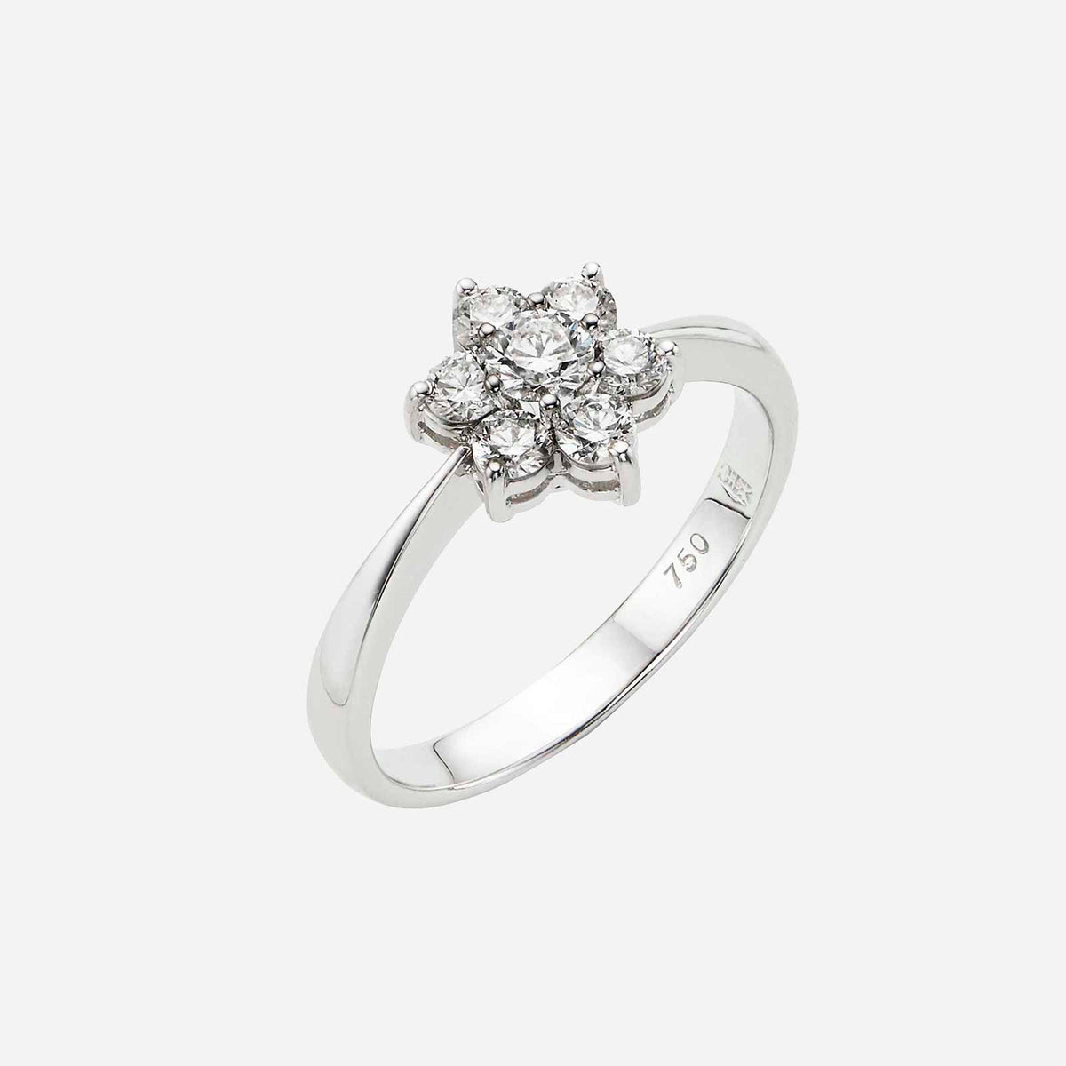 blossom diamond ring in 18k white gold with a floral cluster design featuring sparkling diamonds.