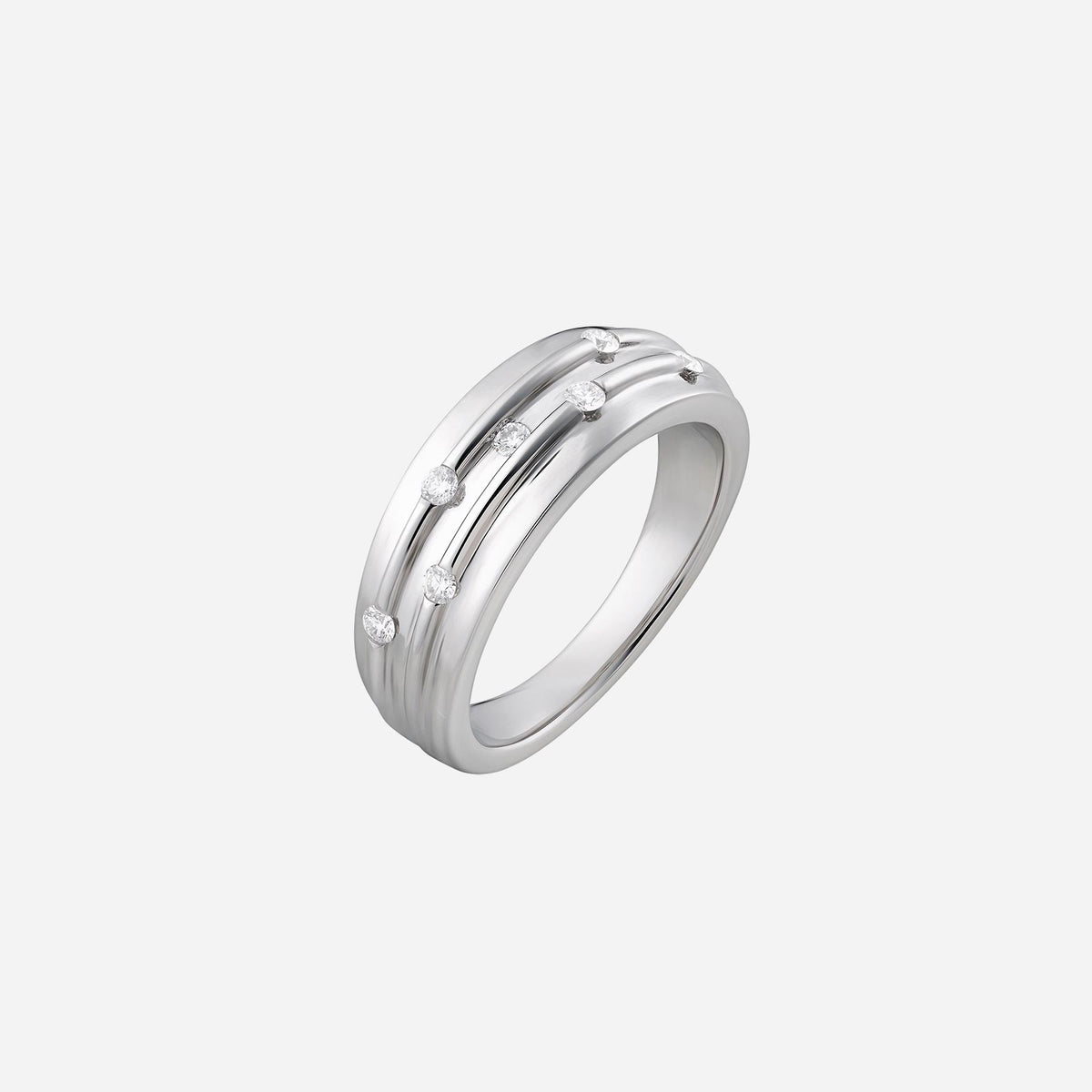 flush groove diamond ring in 18k white gold with seven diamonds, showcasing a sleek, modern design.