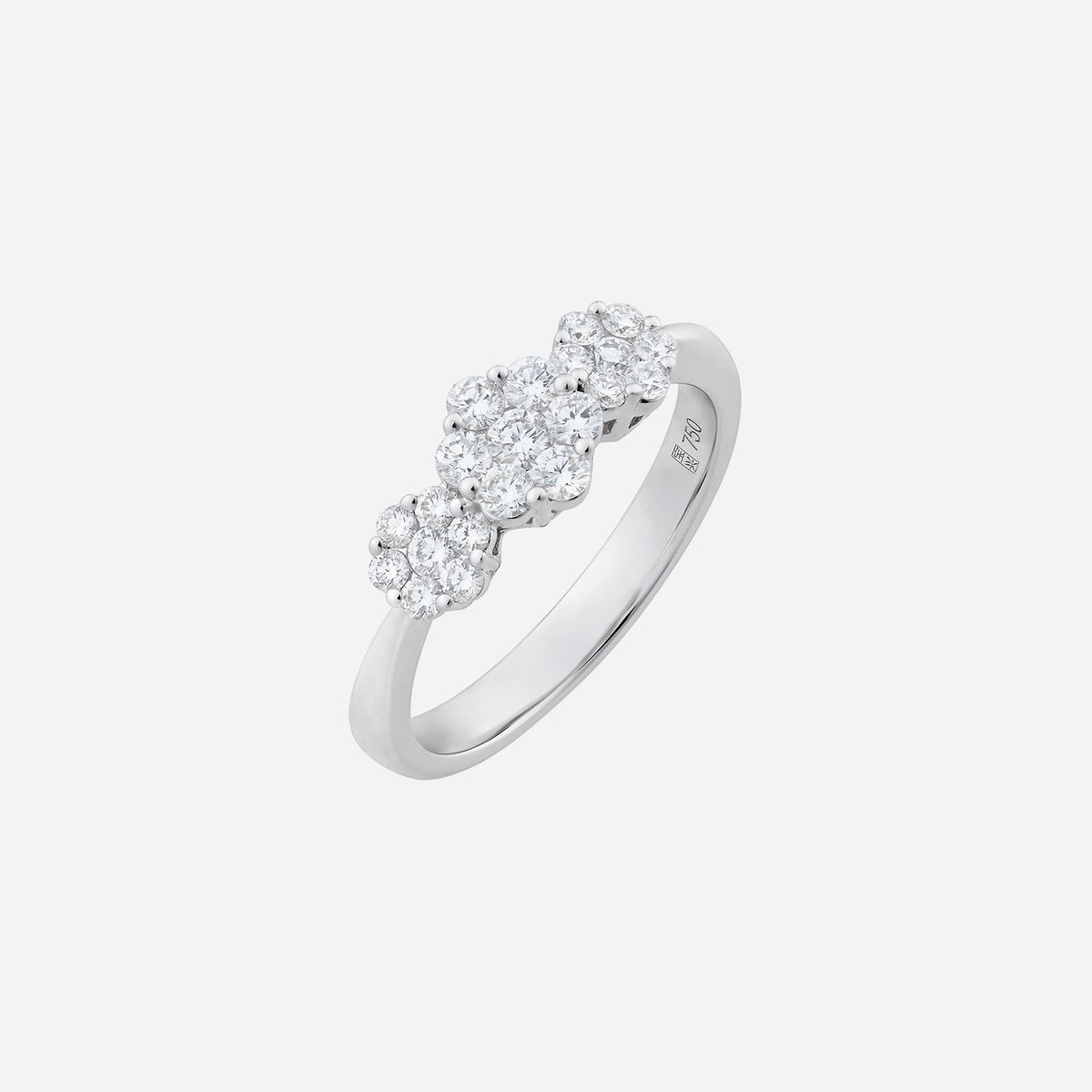 trio diamond ring in 18k white gold with three sparkling diamond clusters and a sleek band design.