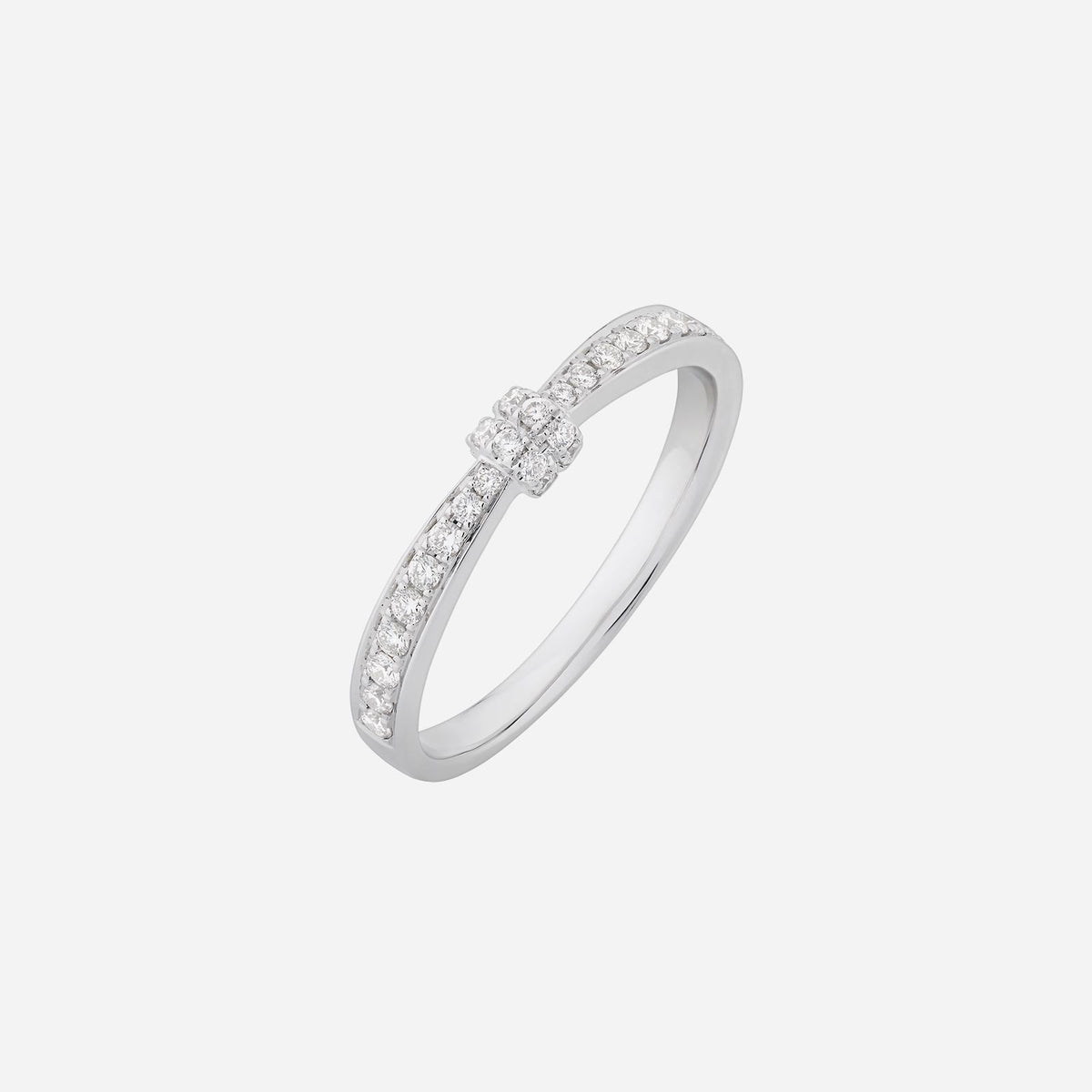 tranquility diamond ring in 18k white gold with horizontal and vertical diamond settings, elegant and sophisticated design.
