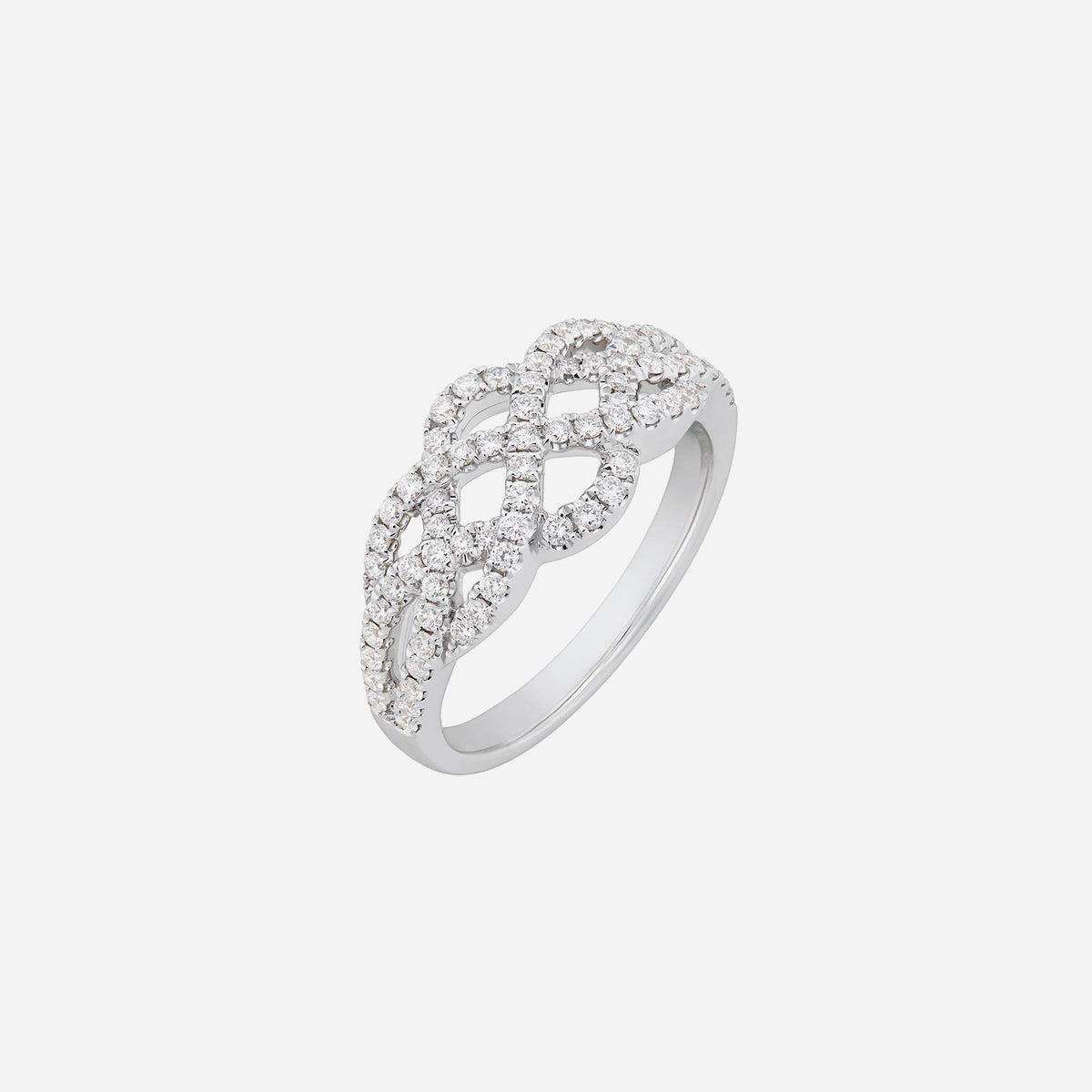 regal diamond ring in 18k white gold with intricate intertwined design and shimmering diamond accents.