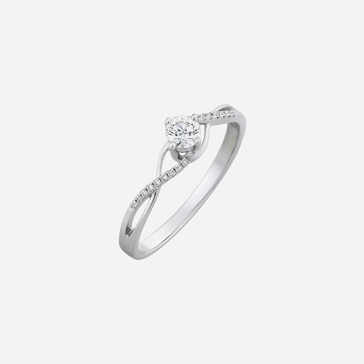 entwined diamond ring in 18k white gold with a twist design and central round diamond, accented by smaller diamonds.