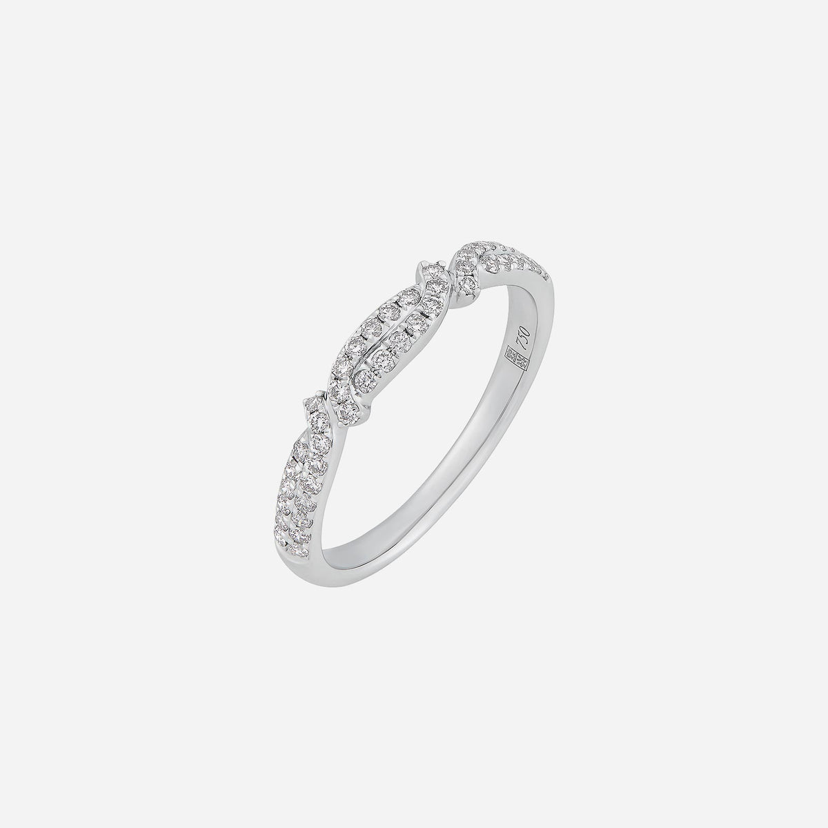 delicate twist diamond ring in 18k white gold featuring pavé-set diamonds for an elegant design.