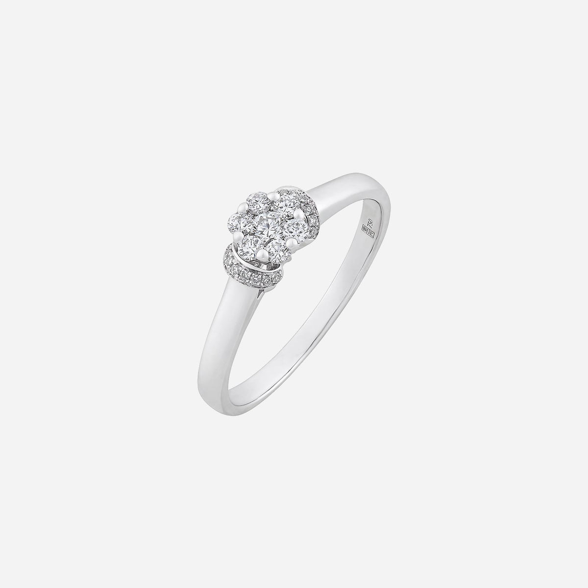 glitter majesty diamond ring in 18k white gold with floral cluster of diamonds and a refined crown setting.