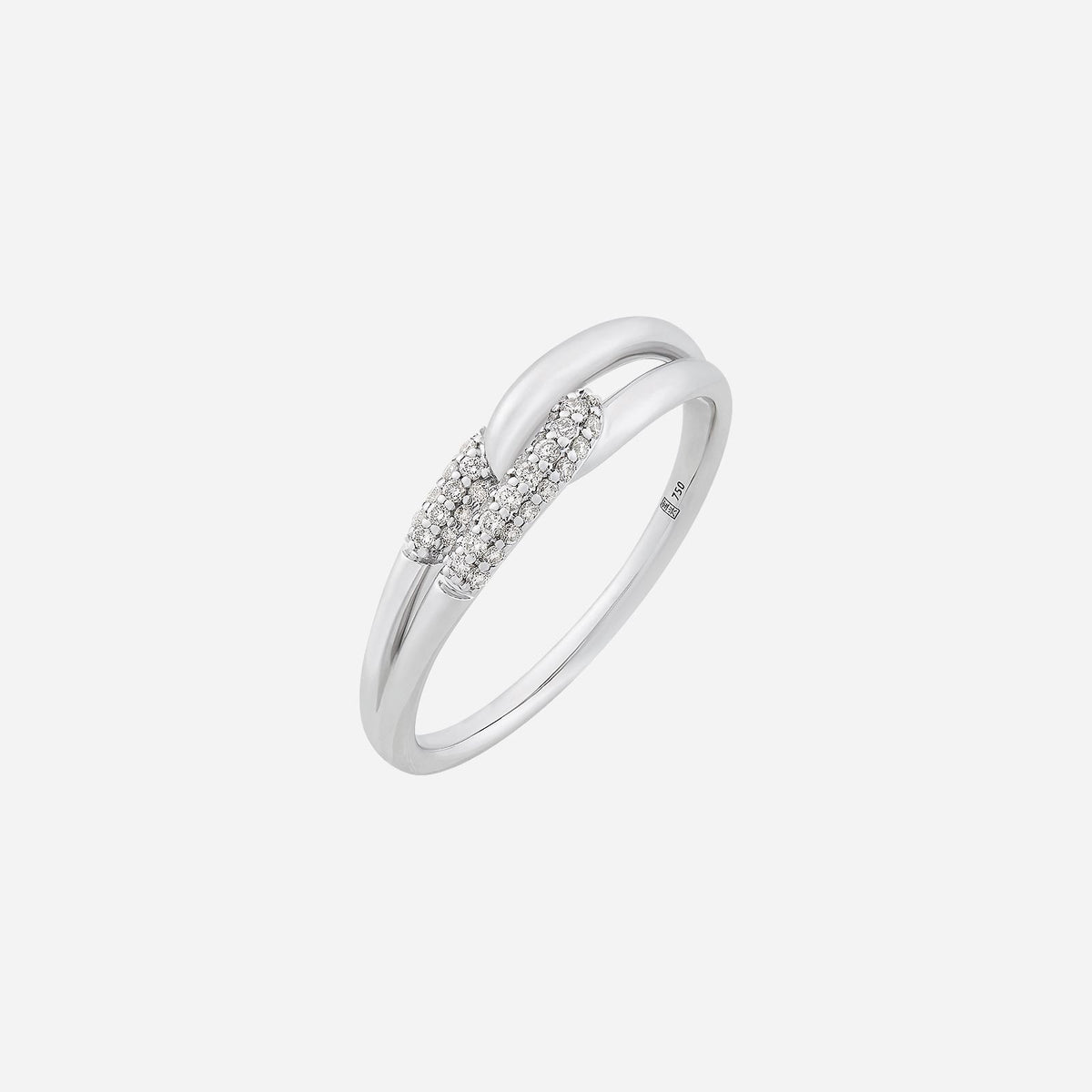 knot of romance diamond ring in 18k white gold with intertwining polished bands and sparkling diamond accents.