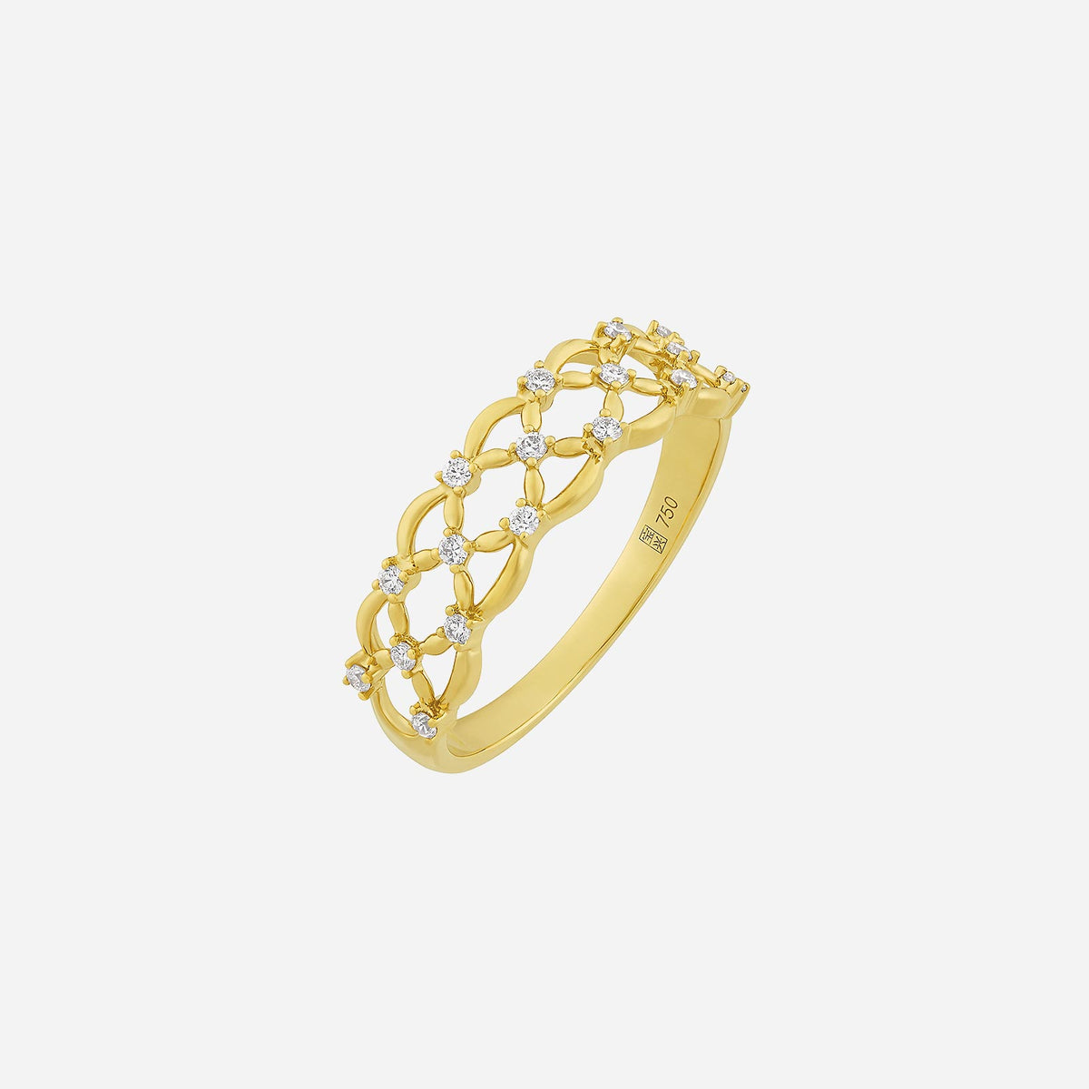 gleaming lattice ring in 18k yellow gold with diamond accents, featuring an elegant intertwining design.