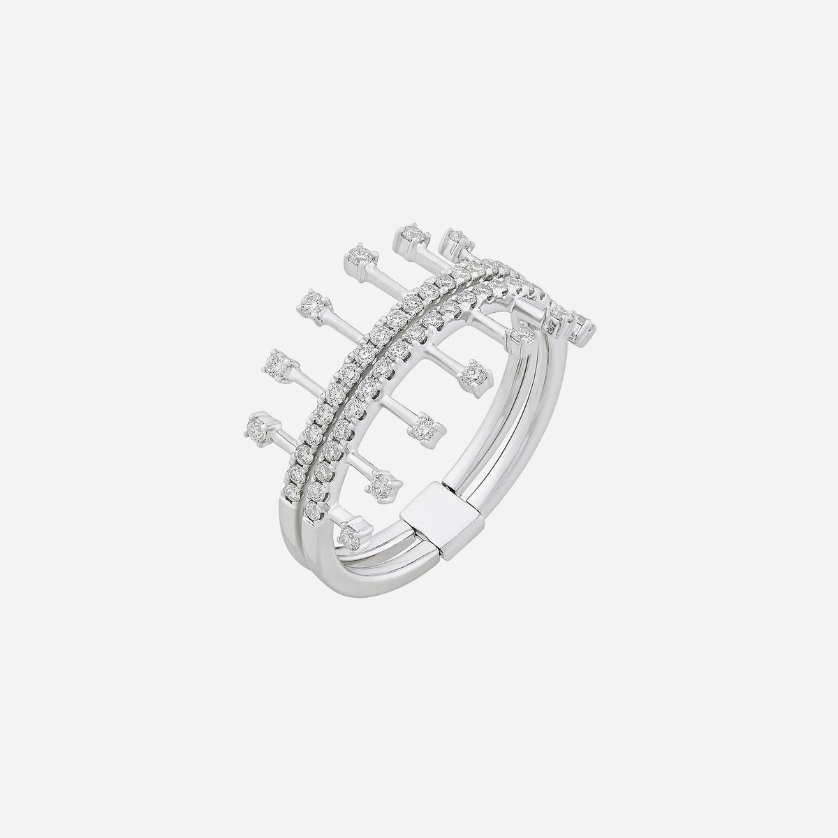 tiara of promises diamond ring in 18k white gold, featuring a dual-band design with vertical diamond accents.