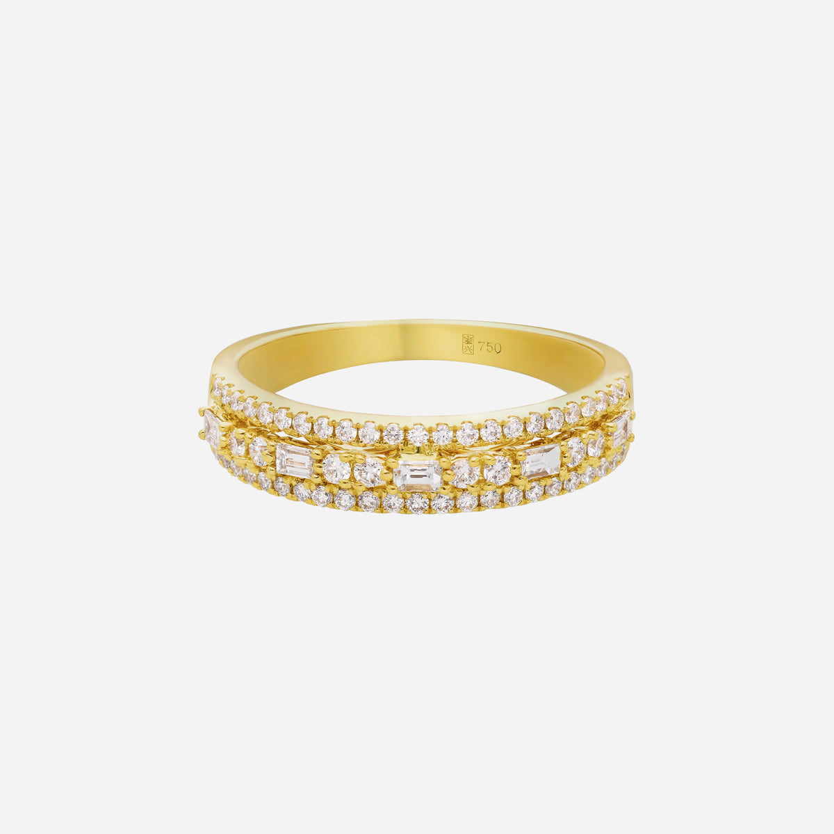 gleaming line diamond ring in 18k yellow gold with round and baguette diamonds in three shimmering rows.