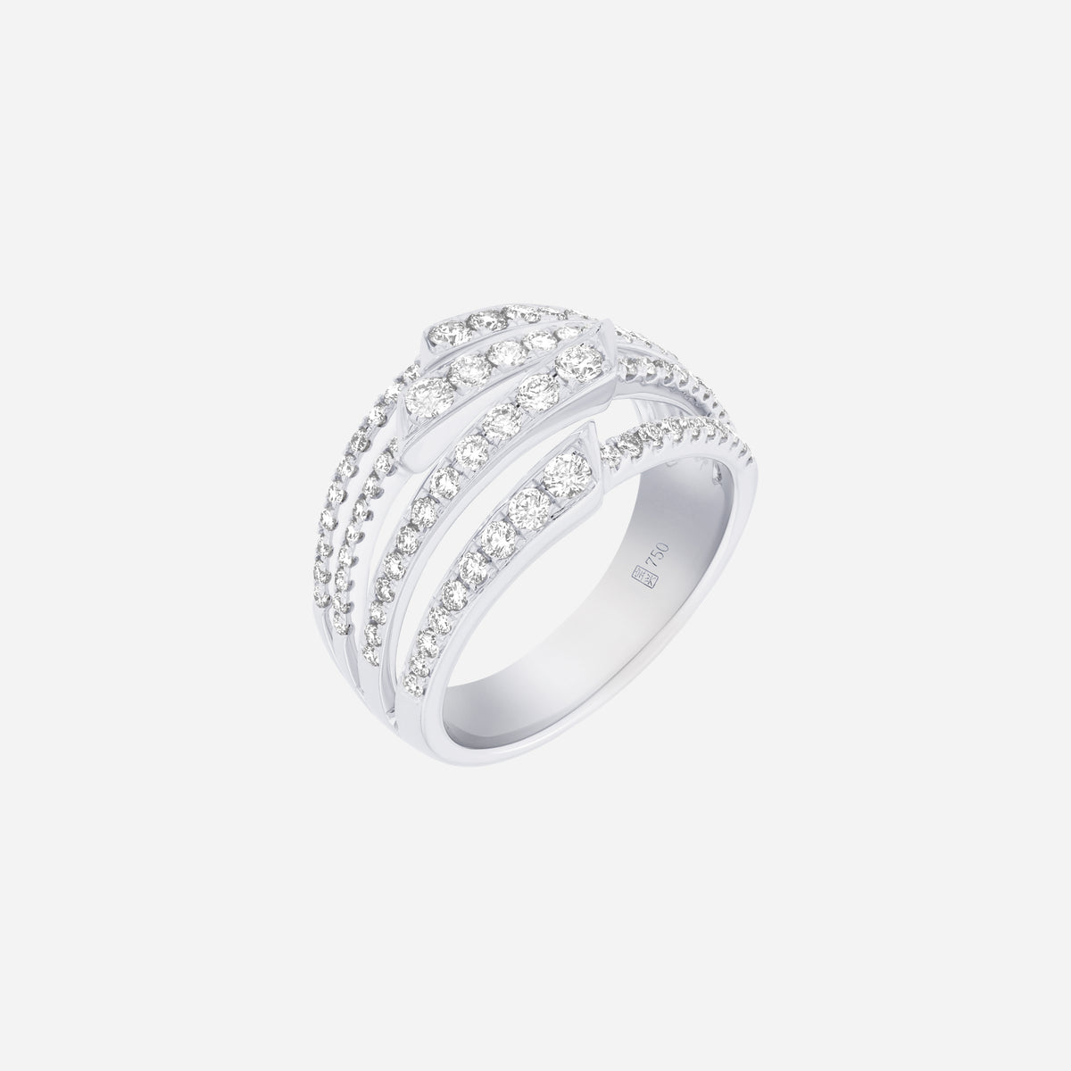 radiant line diamond ring in 18k white gold with layered design and diamond-lined channels for modern elegance.