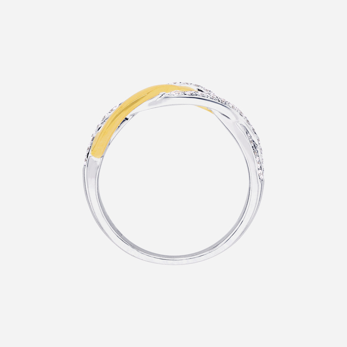 shimmery intertwine diamond ring in 18k white and yellow gold with delicate diamonds and softly entwined bands.