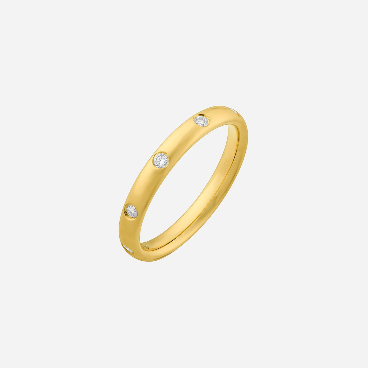 diamond ring in 18k yellow gold with five dazzling diamonds, featuring a smooth, gleaming design.
