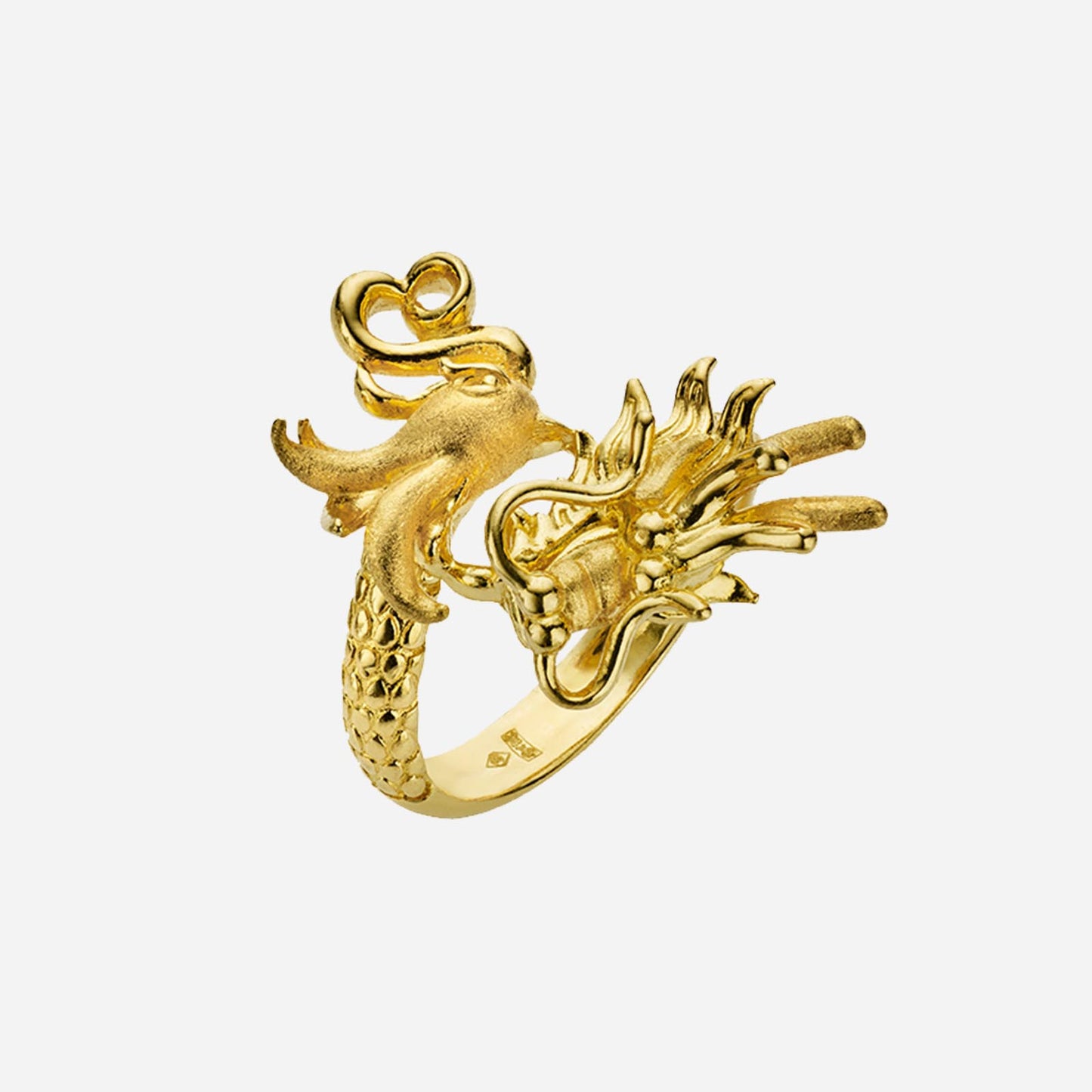 intricate dragon and phoenix design ring in 22k yellow gold, showcasing detailed craftsmanship and unique style.