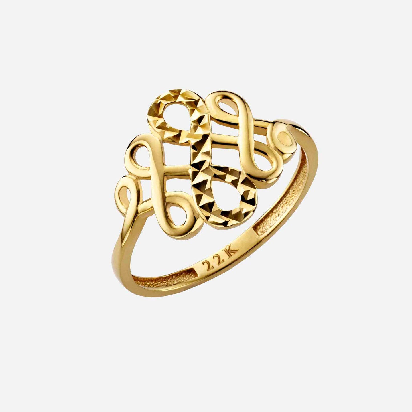 22k yellow gold ring featuring infinity symbol design, showcasing intricate detailing and a polished finish.