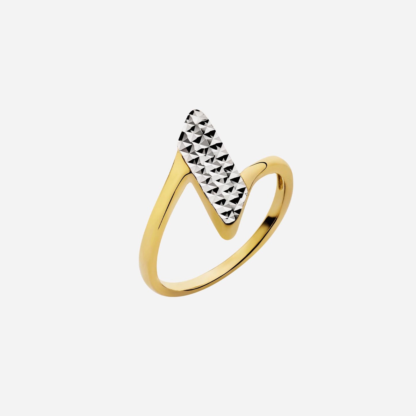 edge of love ring in 22k yellow and white gold with a zigzag design and sparkling textured surface.