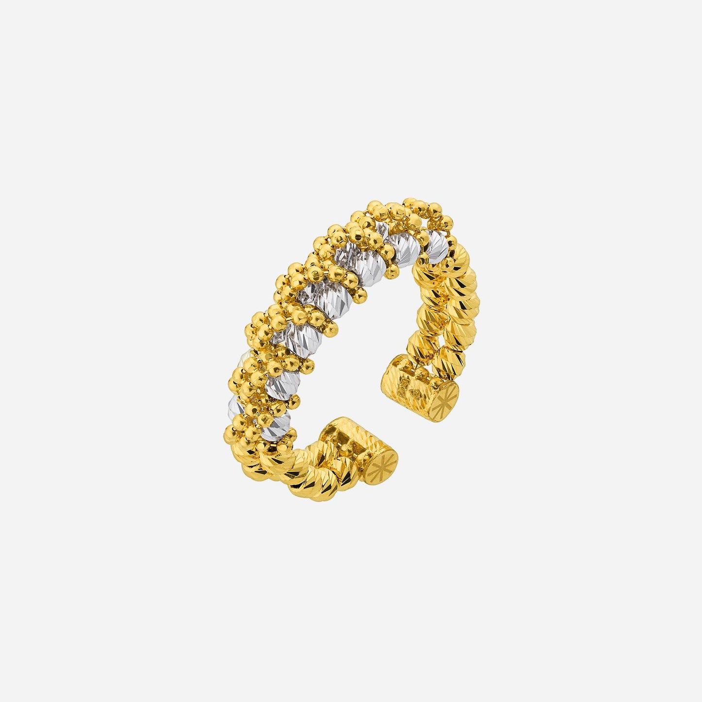 22k yellow and white gold bejewelled ring with a crown design, featuring polished and textured elements.