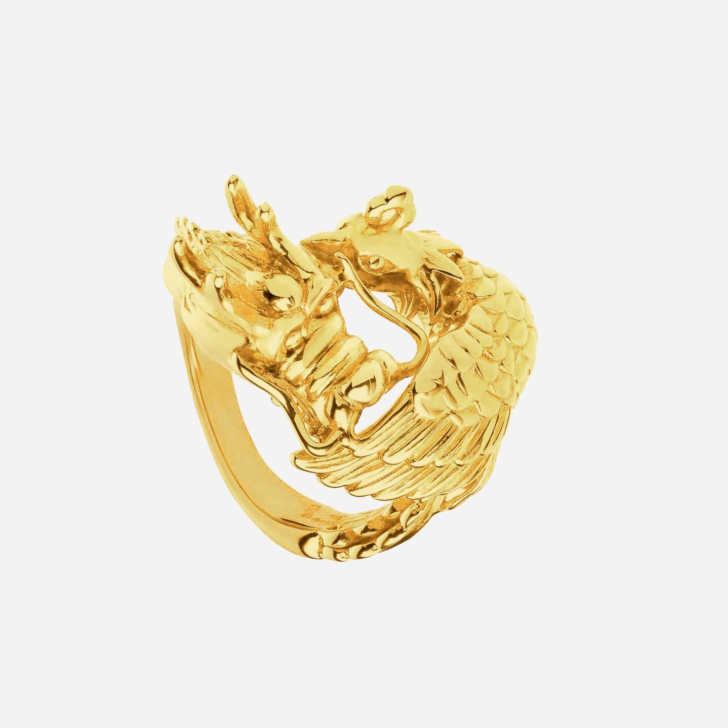 heavenly match dragon ring in 22k yellow gold with intricate dragon and phoenix design.