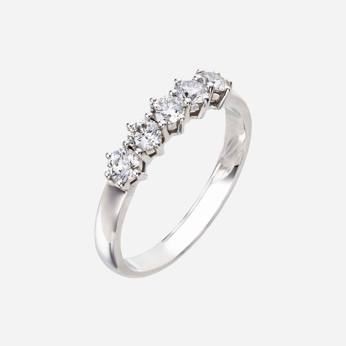 diamond band ring in 18k white gold, featuring five sparkling diamonds set across the top. elegant and timeless design.