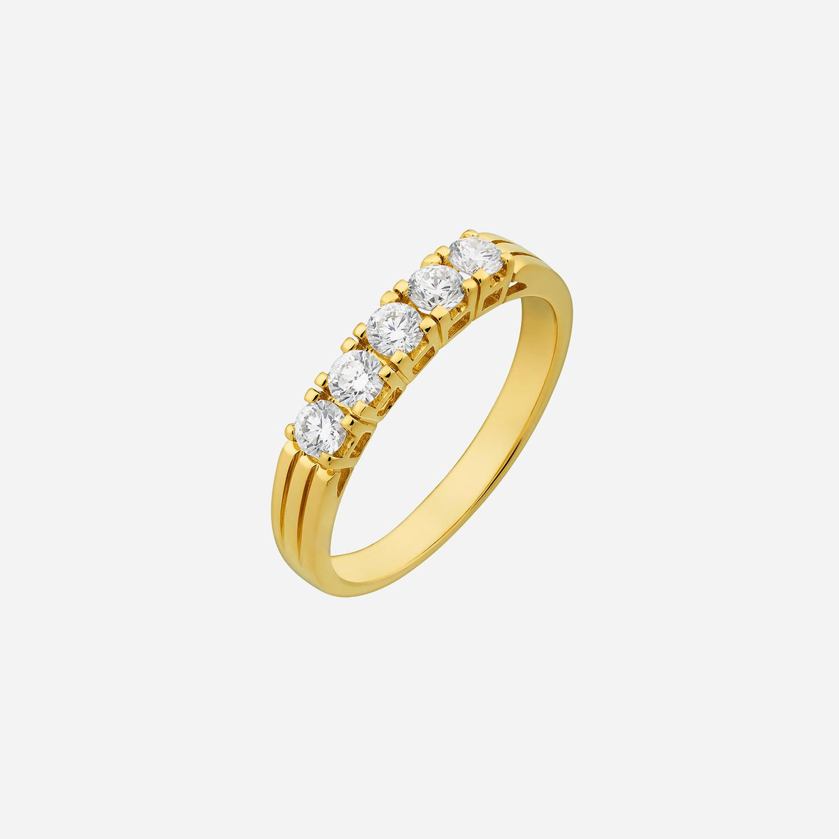elegant diamond band in 18k yellow gold, featuring five sparkling round diamonds in a classic design.