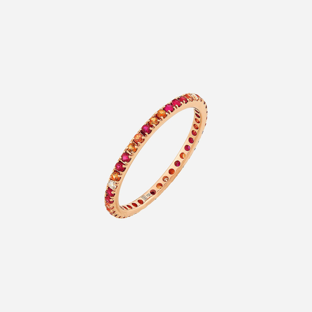 caramella ring in 18k rose gold featuring pink and orange sapphires with diamond accents in a vibrant design.