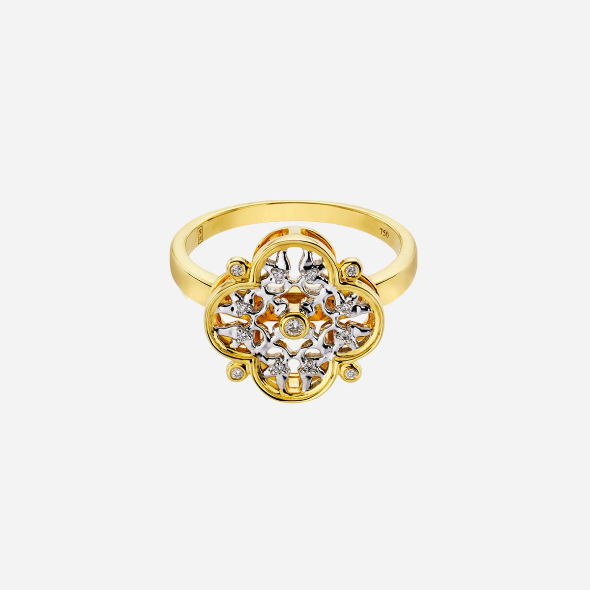 legacy floral diamond ring in 18k yellow and white gold with intricate floral design and brilliant diamonds.
