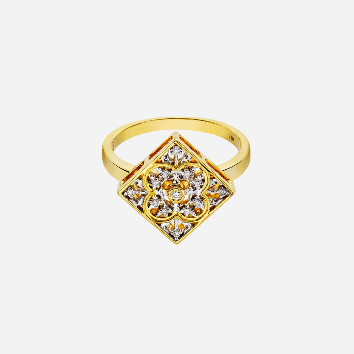 legacy tile ring in 18k yellow gold with diamond accents featuring intricate floral design.