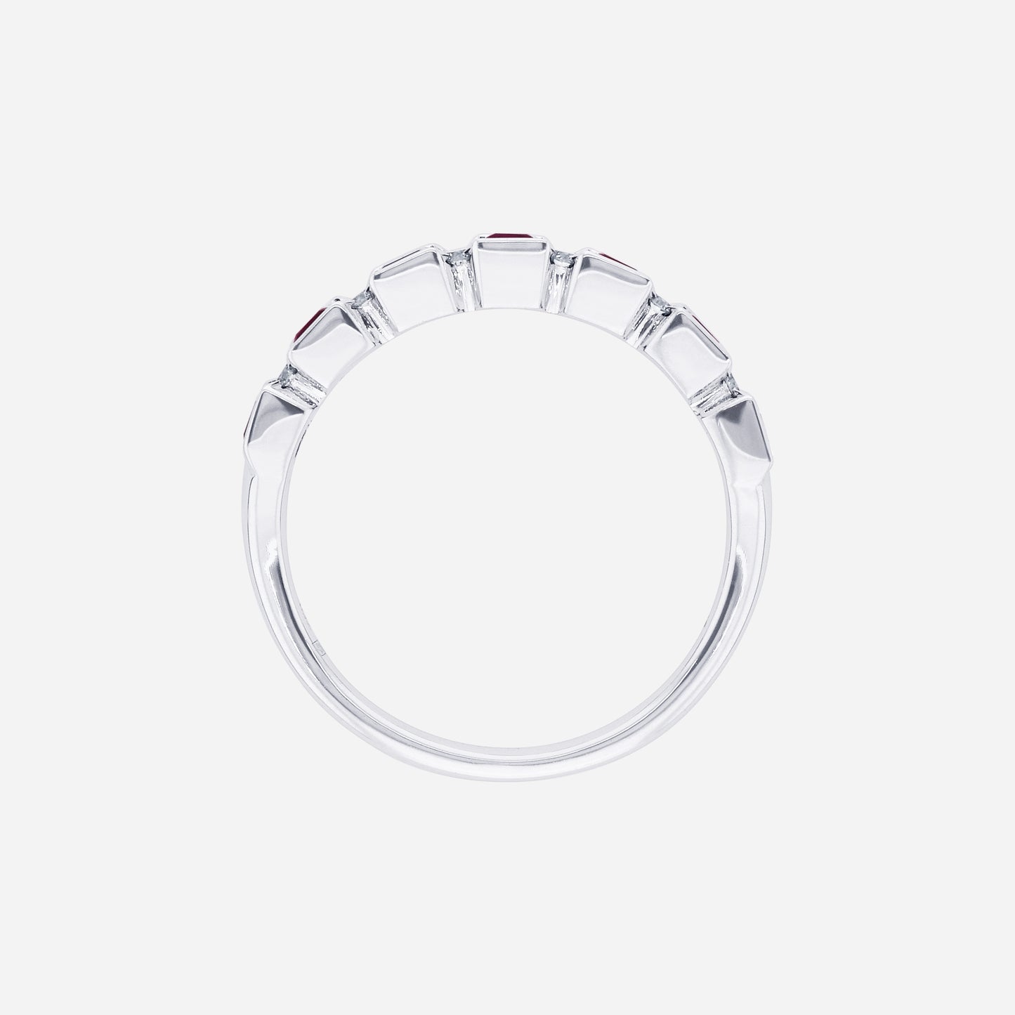 ruby and diamond ring in 18k white gold, featuring square-cut rubies and diamond accents in a refined design.
