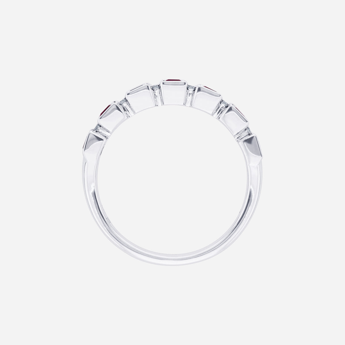 ruby and diamond ring in 18k white gold, featuring square-cut rubies and diamond accents in a refined design.
