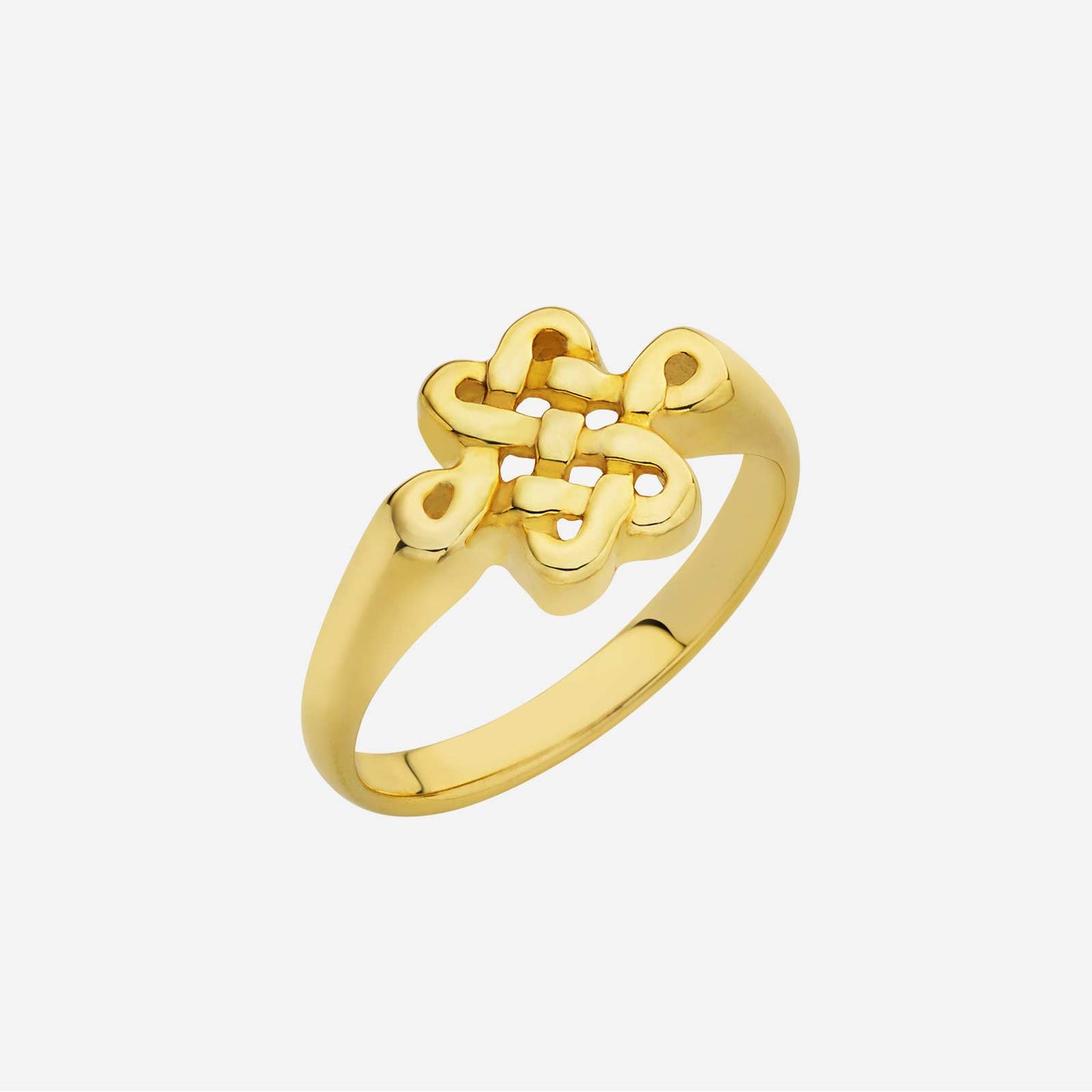 eternity knot ring in 22k yellow gold with intricate knot design symbolizing love and happiness.