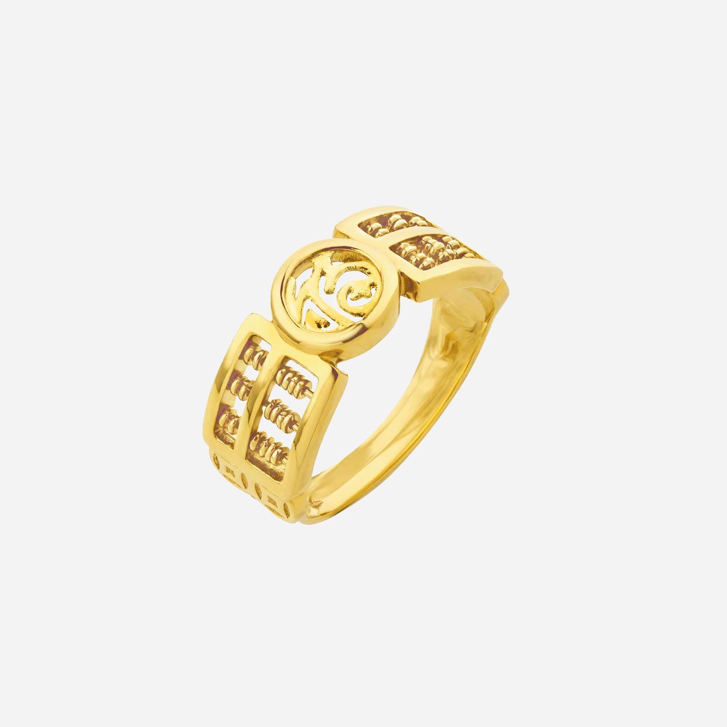 abacus ring in 22k yellow gold featuring intricate detailing and an auspicious symbol in the center.