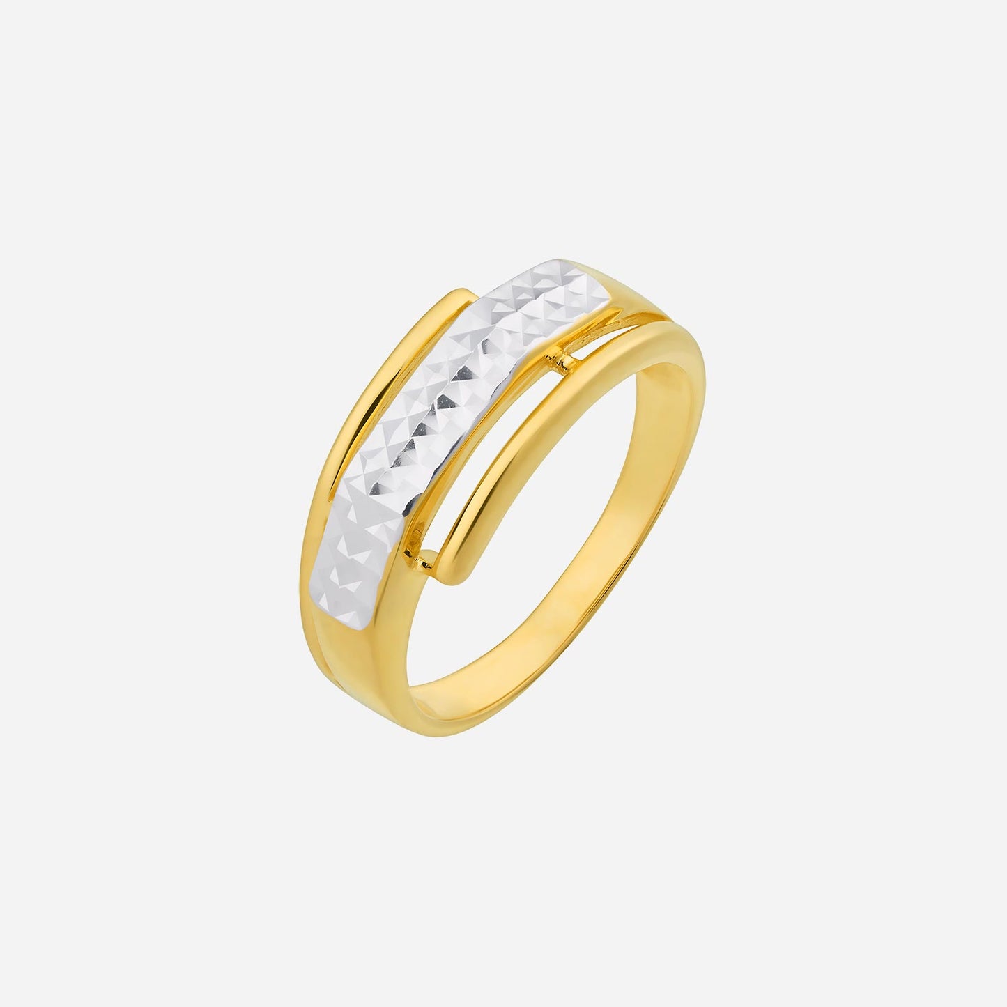 geometric ring crafted in 22k yellow and white gold with a textured design and bold shapes.