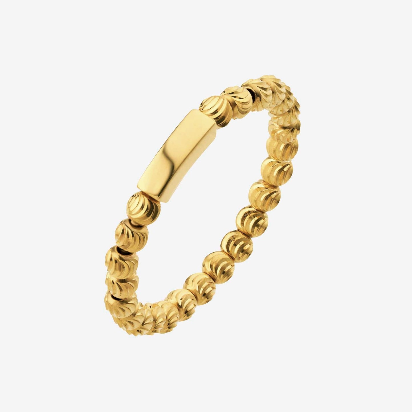beaded 22k yellow gold ring with a smooth polished center and detailed round bead design. elegant and simple style.