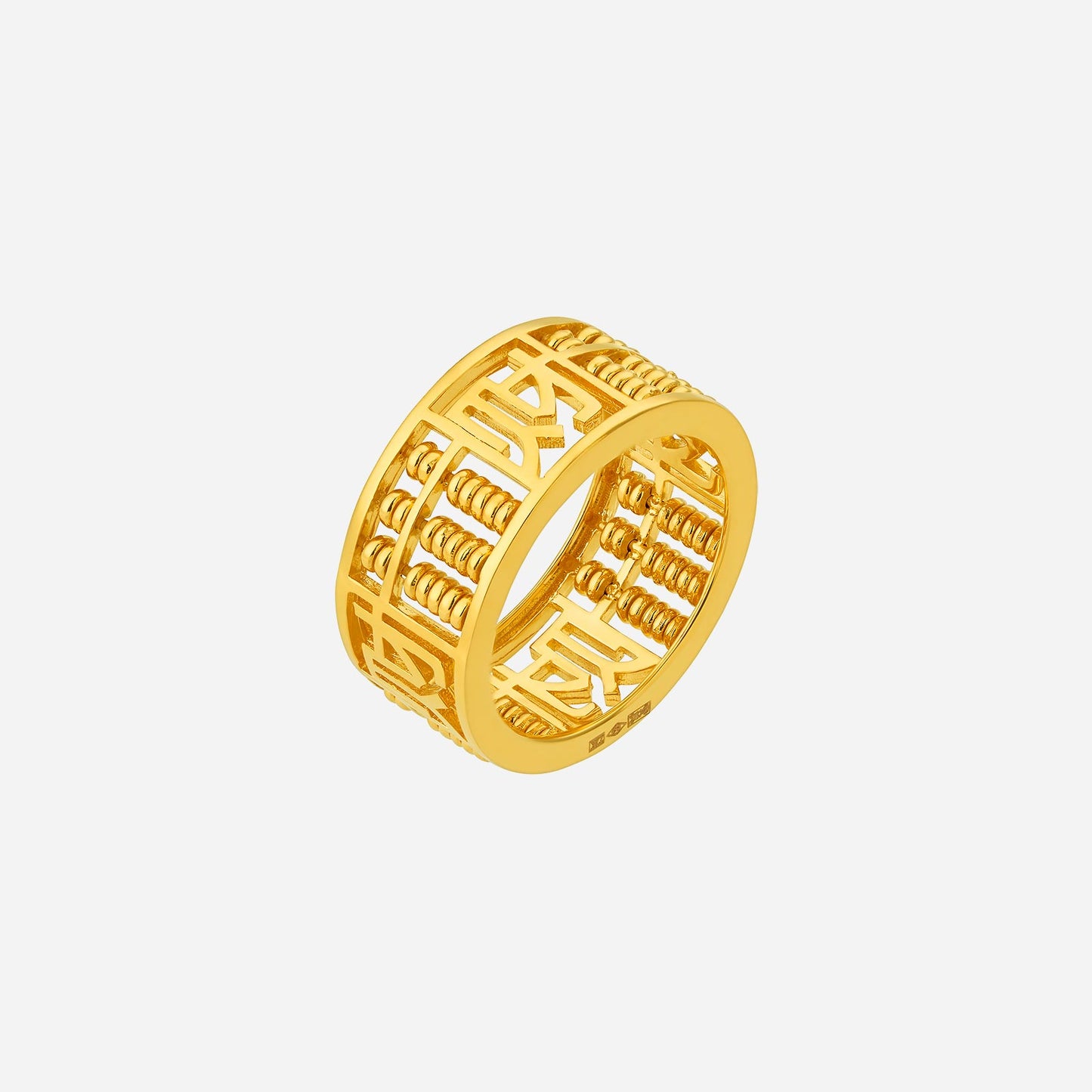 22k yellow gold abacus band ring with intricate design and prosperity symbols, embodying timeless elegance.