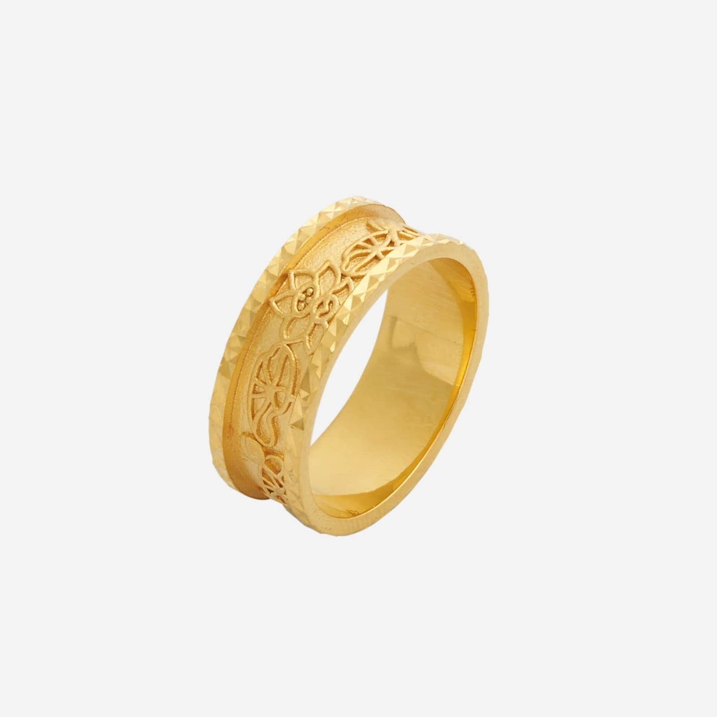 eternal love band in 22k yellow gold, featuring intricate floral engravings and a minimalistic design, ideal for brides.