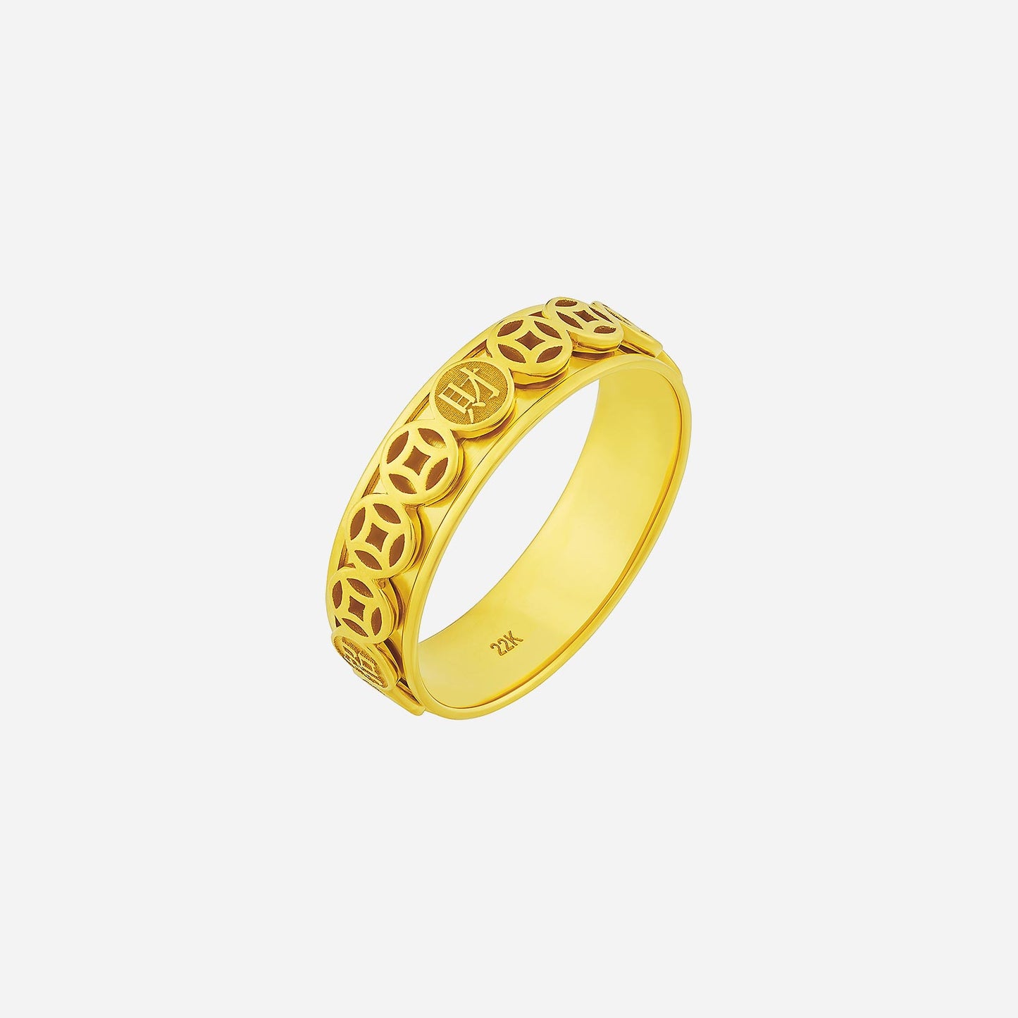 spinning wealth band in 22k yellow gold with intricate design, featuring circular cutouts and symbols for prosperity.