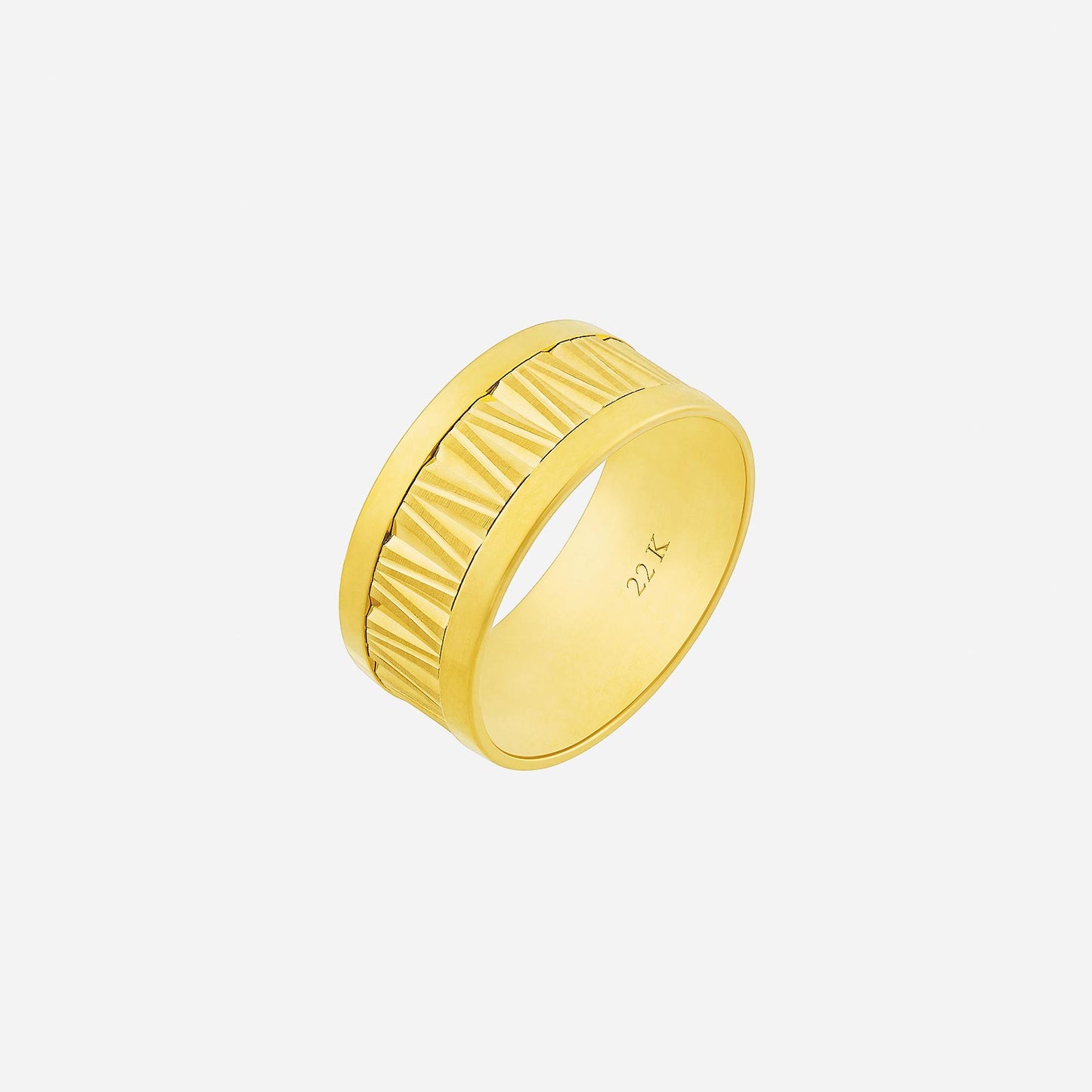 bold blaze vertex band in 22k yellow gold with sculpted ridge pattern, showcasing contemporary design and strength.
