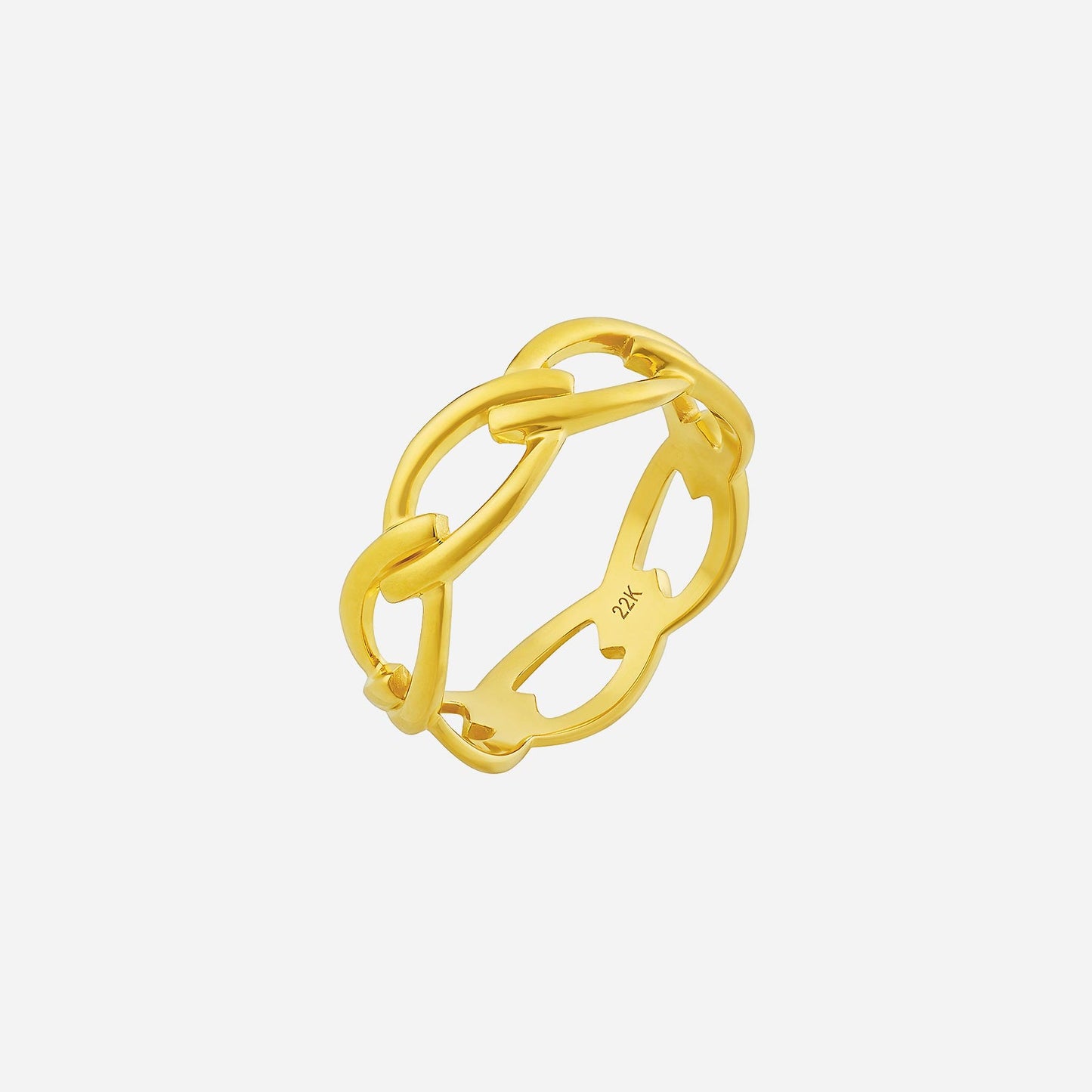 chain ring in 22k yellow gold featuring a contemporary linked design with elegant cut-out details.