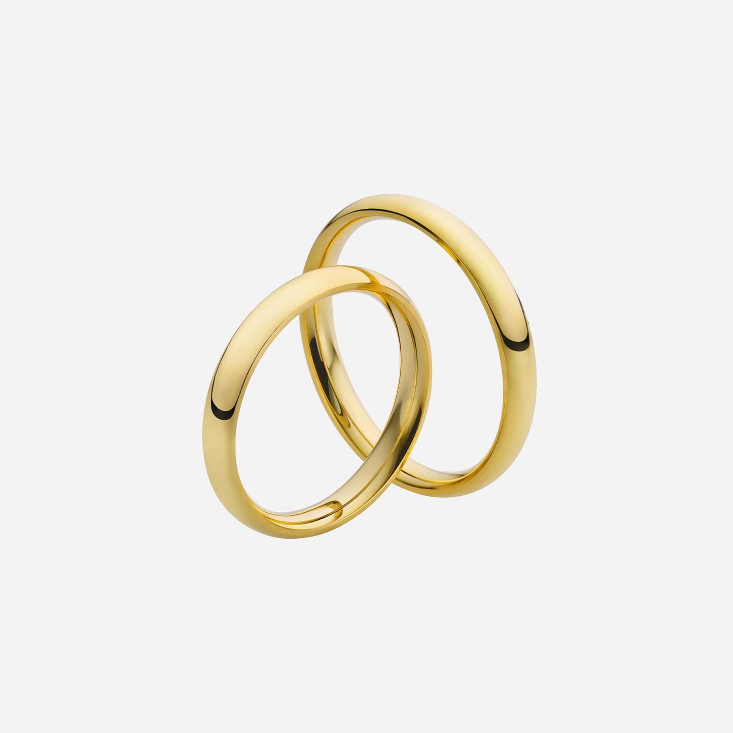 classic adore wedding band in polished 22k yellow gold, featuring a half round design, showcasing two rings.
