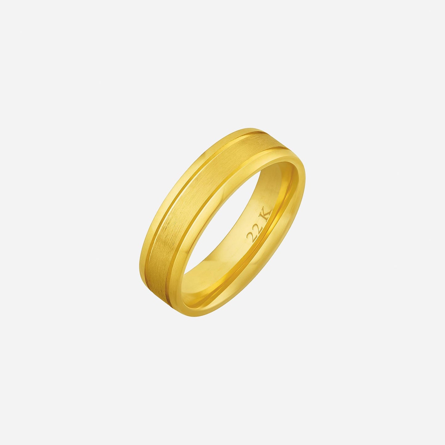 classic adore wedding band in 22k yellow gold with a matte finish and flat design. suitable for engraving services.