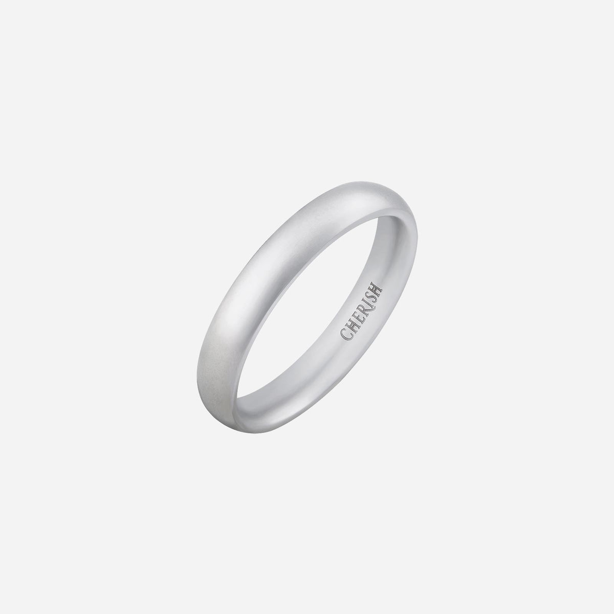 forever love band in 22k white gold with a sleek, matte finish and engraved "cherish" on the inner band.