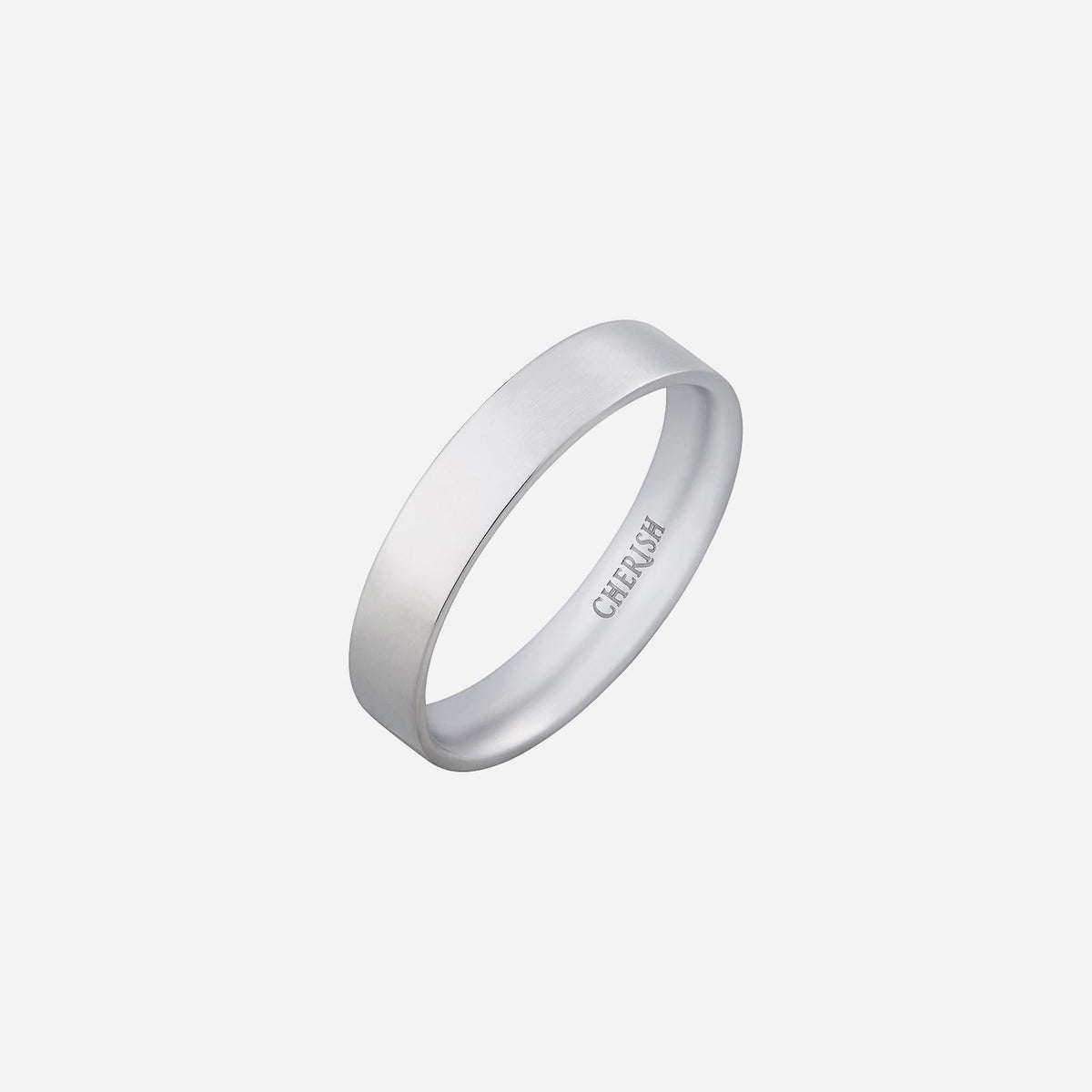 eternal love band in 22k white gold, minimalist design with a smooth finish, engraved ‘cherish’ inside.