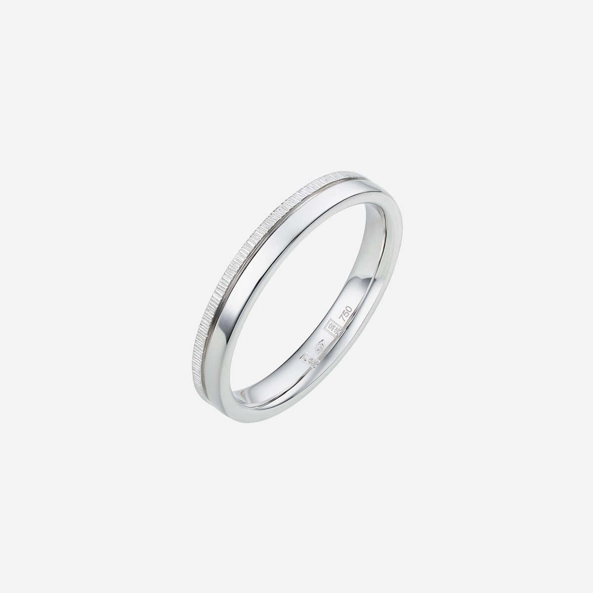 minimalist adore band in 18k white gold with a textured edge design, symbolizing timeless elegance and love.