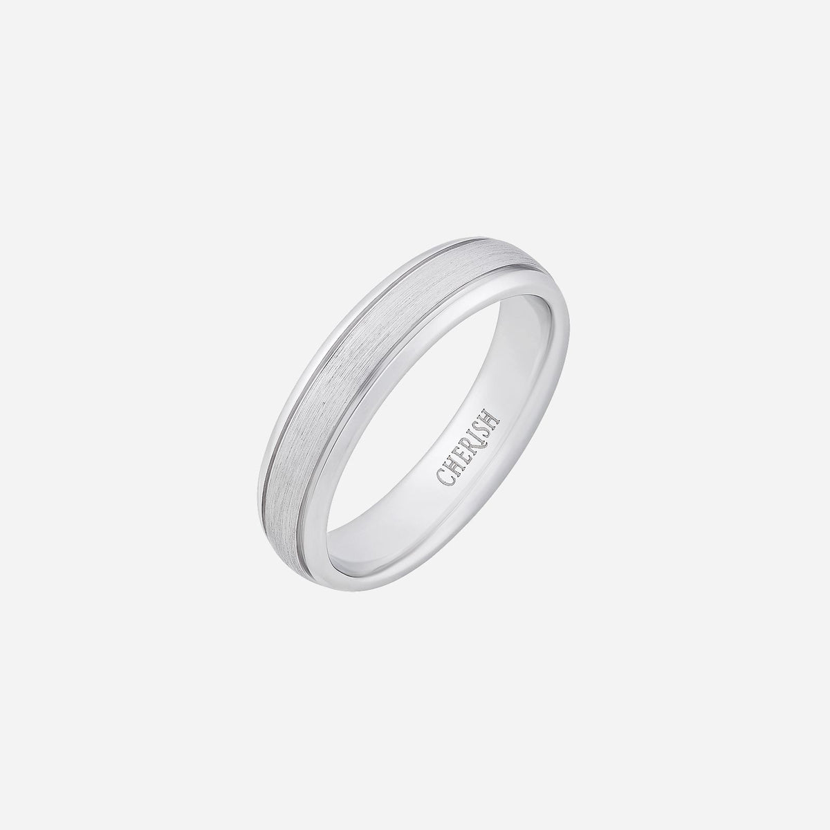 elegant promise band in 18k white gold with a modern matte finish and subtle engraving detail.