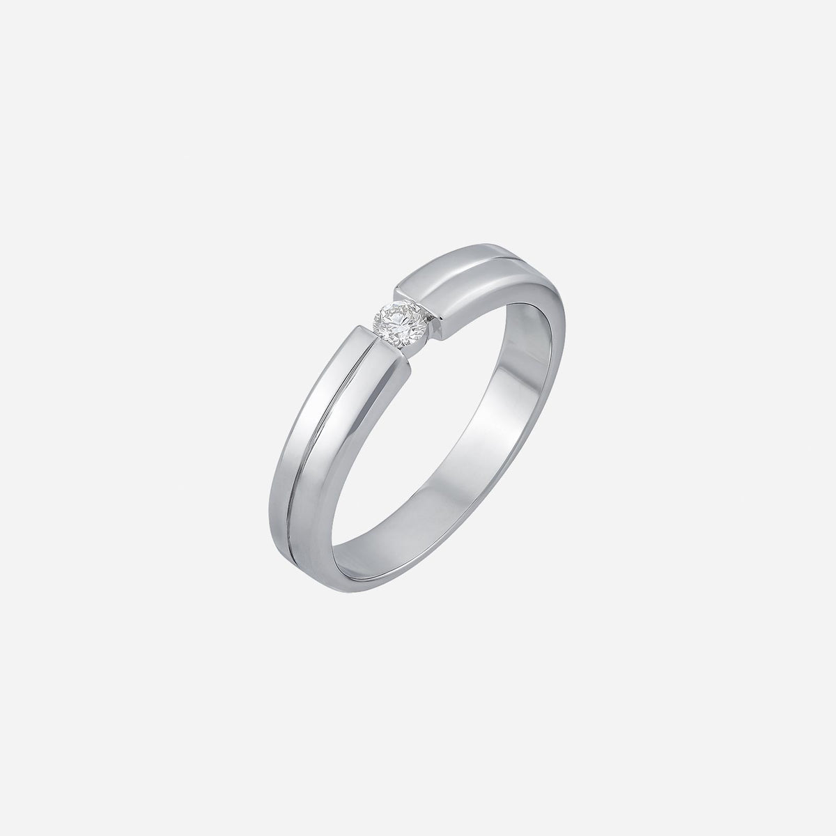 elegant 18k white gold band featuring a channel set diamond in a modern design. perfect for weddings or everyday wear.