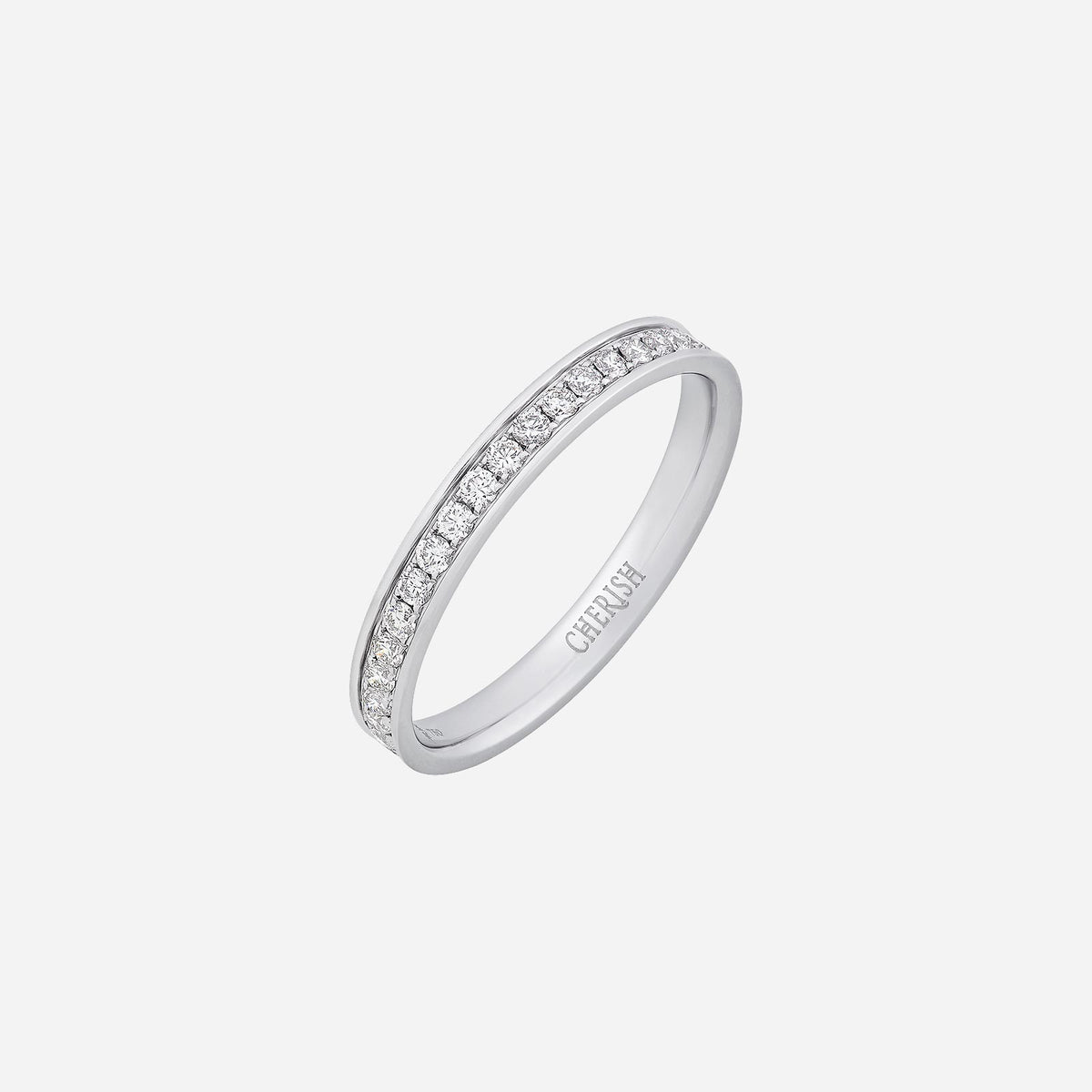 radiance diamond band in 18k white gold with pavé diamonds along the band for elegant shine and style.