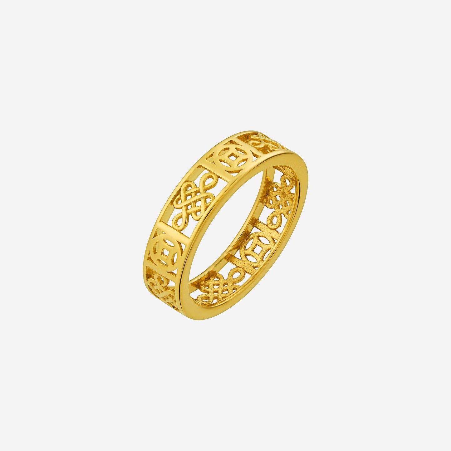 22k yellow gold eternity knot and prosperity coin motif ring, featuring intricate cutout designs in a classic band style.