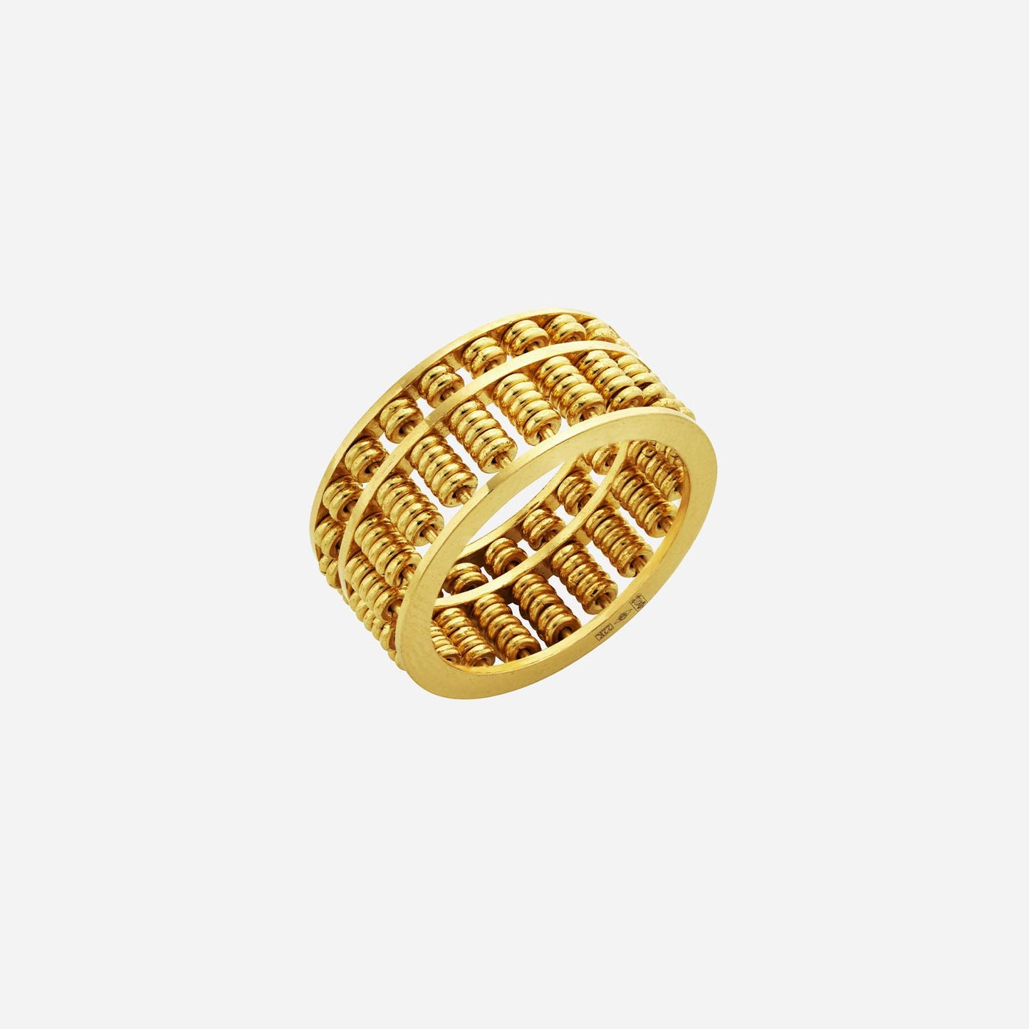 abacus eternity ring in 22k yellow gold featuring movable beads, 8mm width, unique textured design.