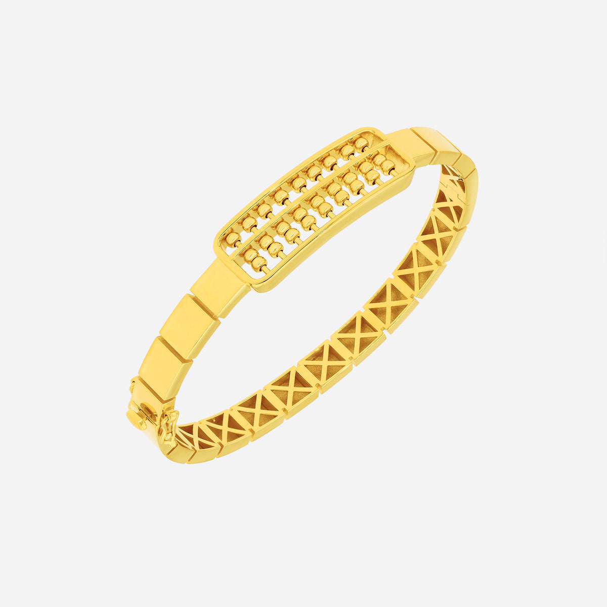 abacus bangle in 22k yellow gold featuring a textured curved design with woven side panels. perfect for stylish elegance.
