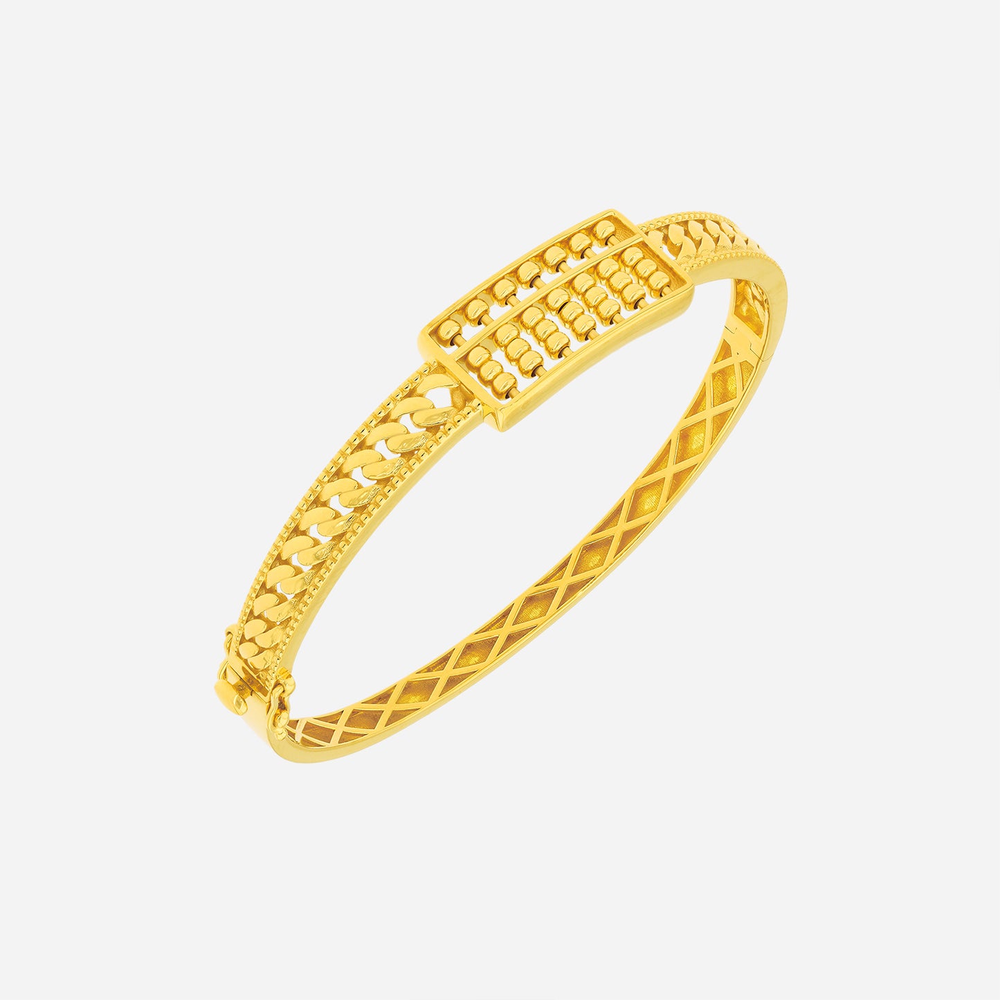 22k yellow gold abacus bangle featuring geometric lattice links and structured rectangular center for a modern look.
