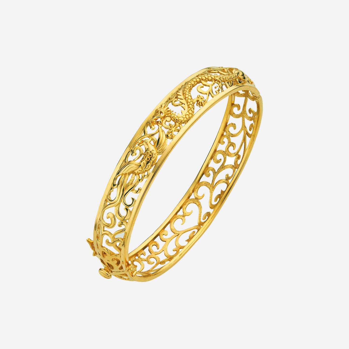 intricately crafted 22k yellow gold bangle featuring a dragon and phoenix design with ornate detailing.