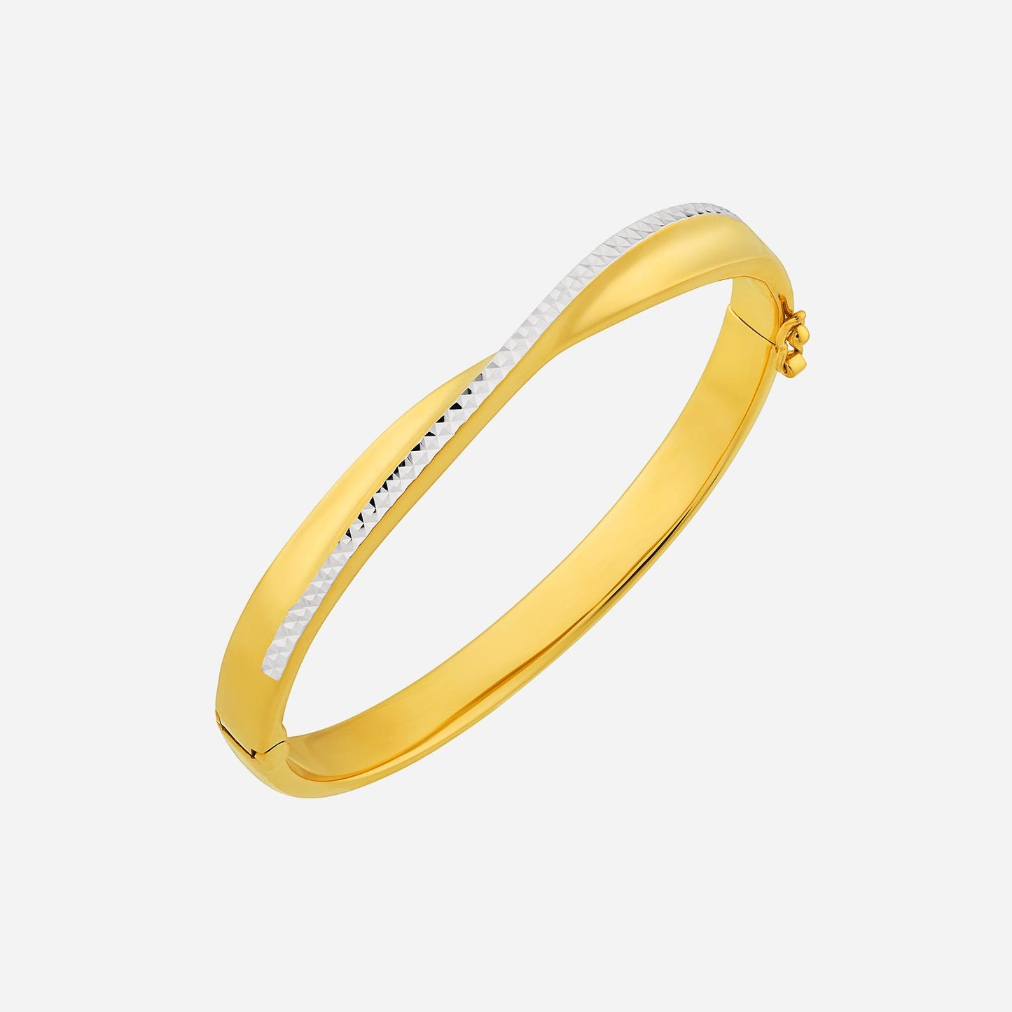 bangle in 22k yellow and white gold with a textured twist design, showcasing contemporary elegance and timeless shine.
